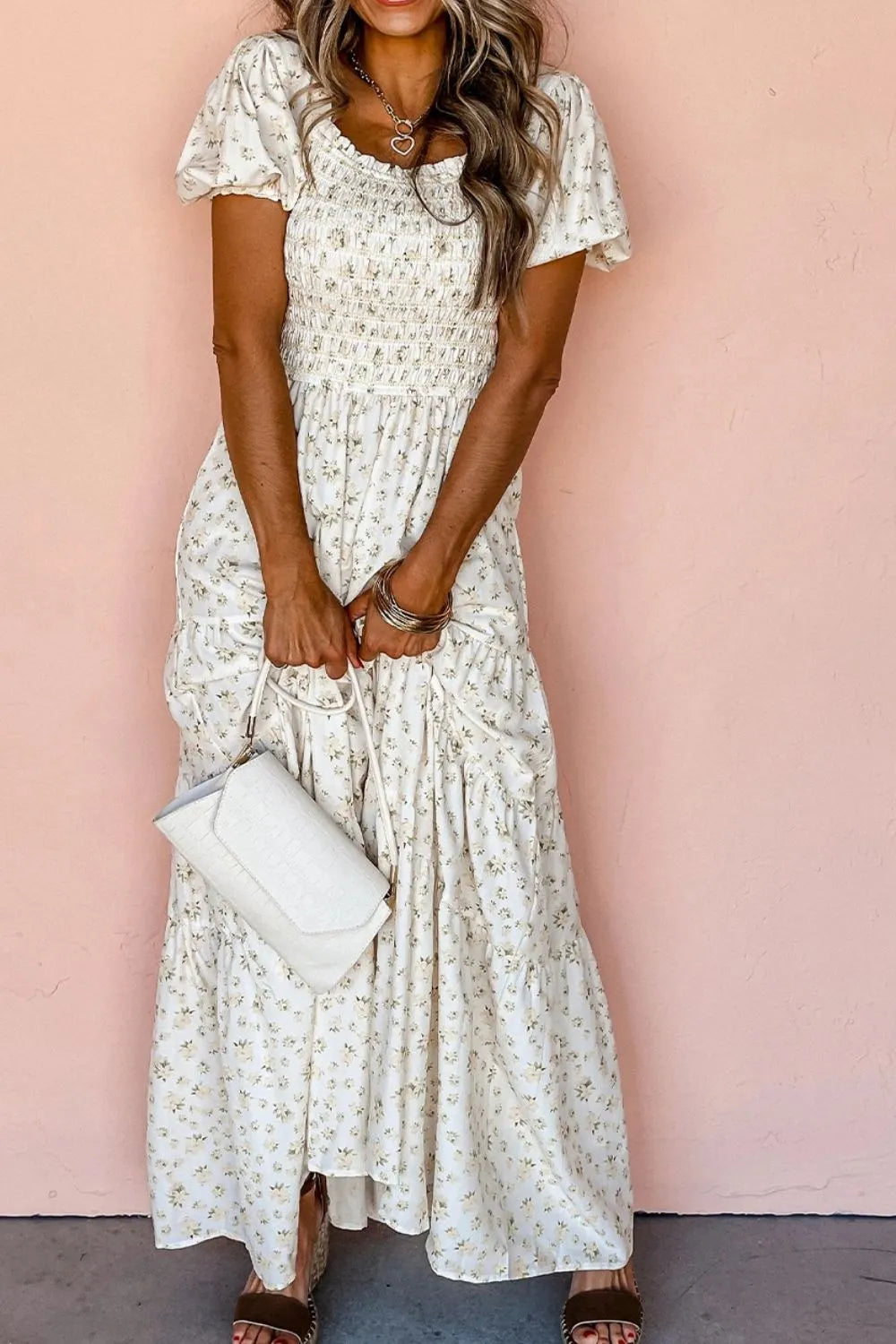 Floral Smocked Short Puff Sleeve Maxi Dress  Shop One Place