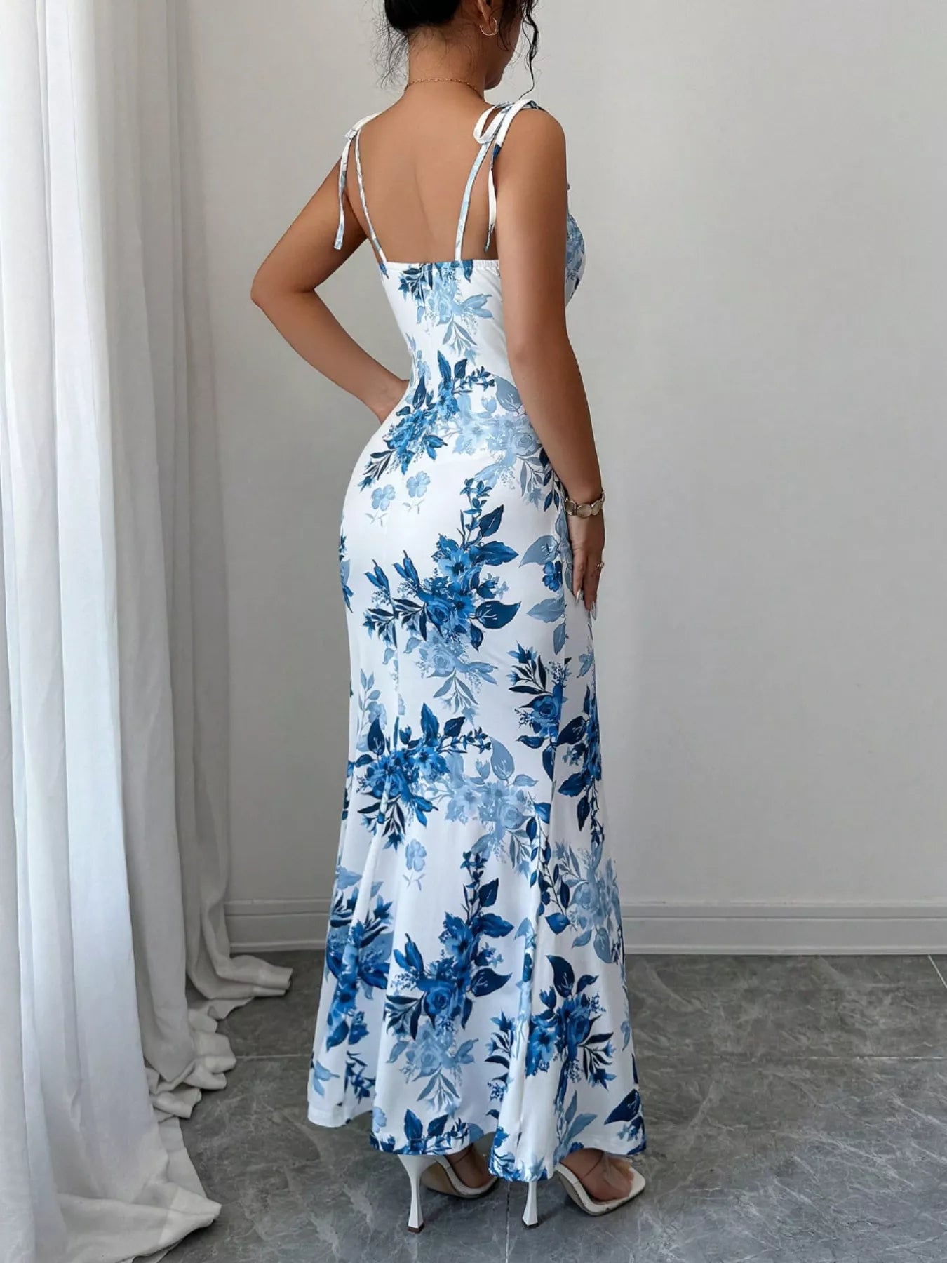 Printed Tie Strap Slit Maxi Dress  Shop One Place