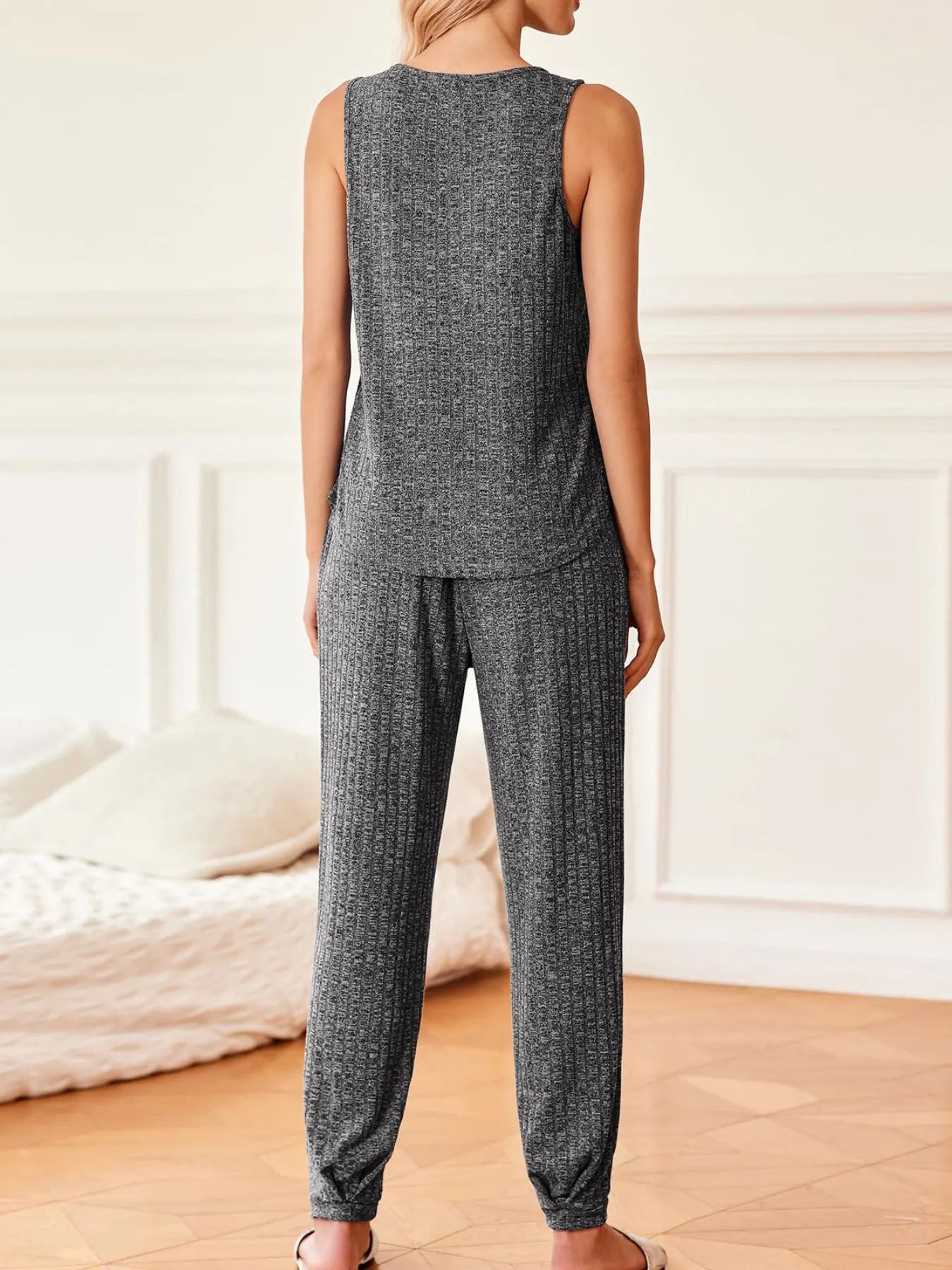 Ribbed Knit V-Neck Tank and Pants Lounge Set  Shop One Place