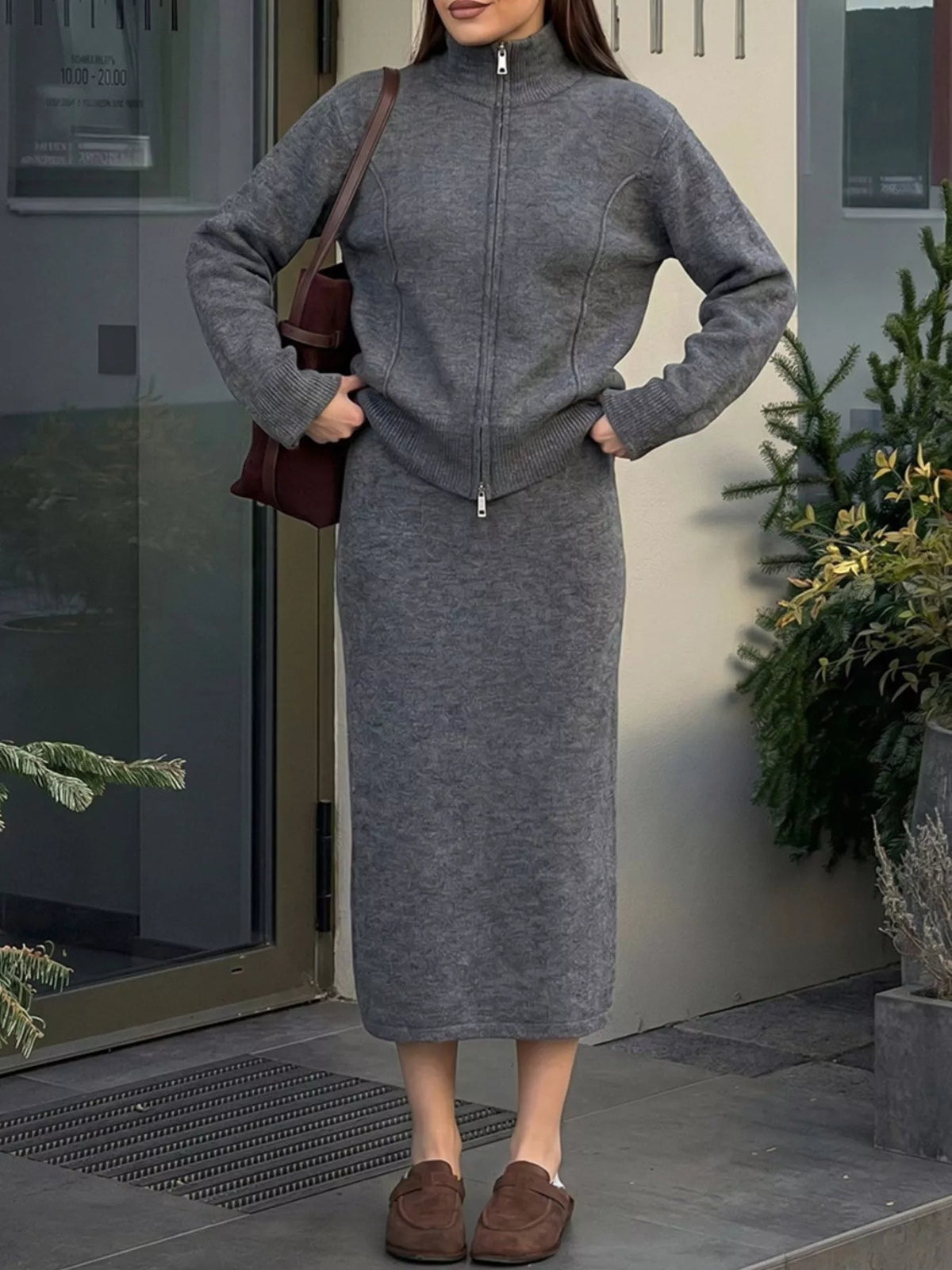Zip-Up Mock Neck Cardigan and Matching Midi Skirt Sweater Set  Shop One Place