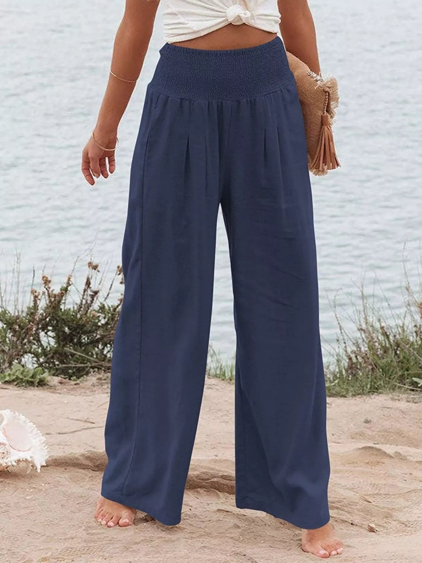 Smocked High Waisted Wide Leg Pants  Shop One Place
