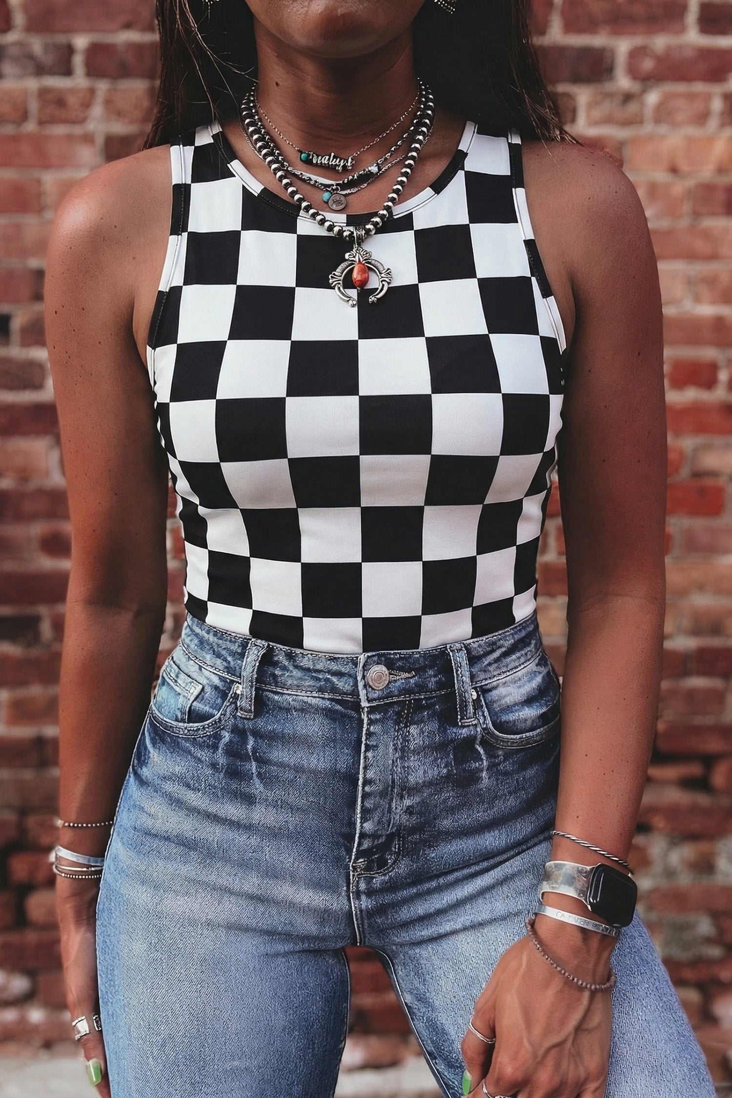 Black Checkerboard Printed Slim Tank Top  Shop One Place