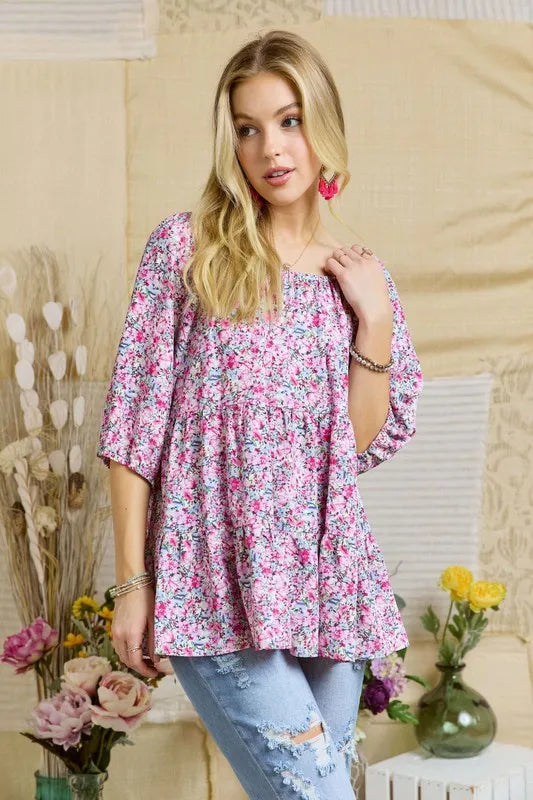 ADORA Elasticized Round Necking Floral Print Tunic Top  Shop One Place