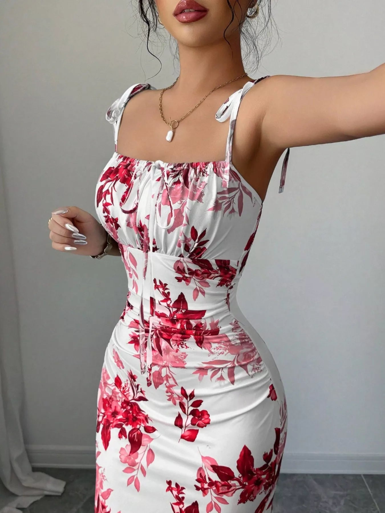Printed Tie Strap Slit Maxi Dress  Shop One Place
