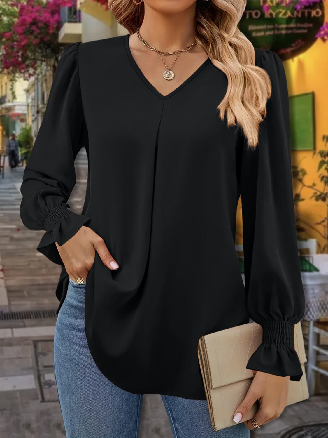 Black V-Neck Flounce Sleeve Blouse