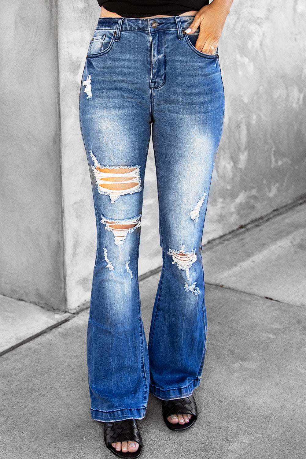 Blue Distressed High Waist Flare Jeans