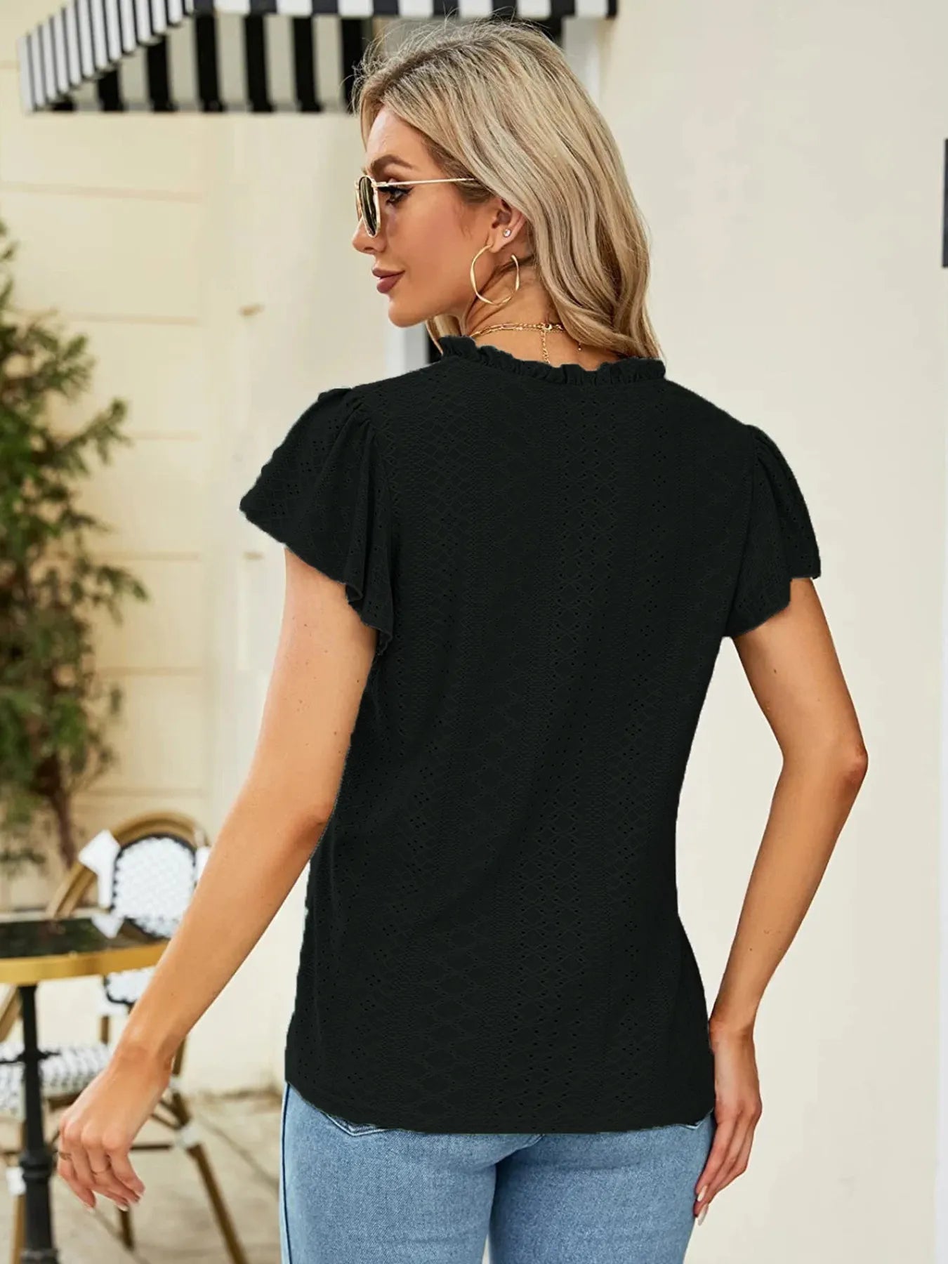 Women's Eyelet Notched Neck Short Sleeve T-Shirt – Lightweight Casual Summer Top | Shop One Place  Shop One Place