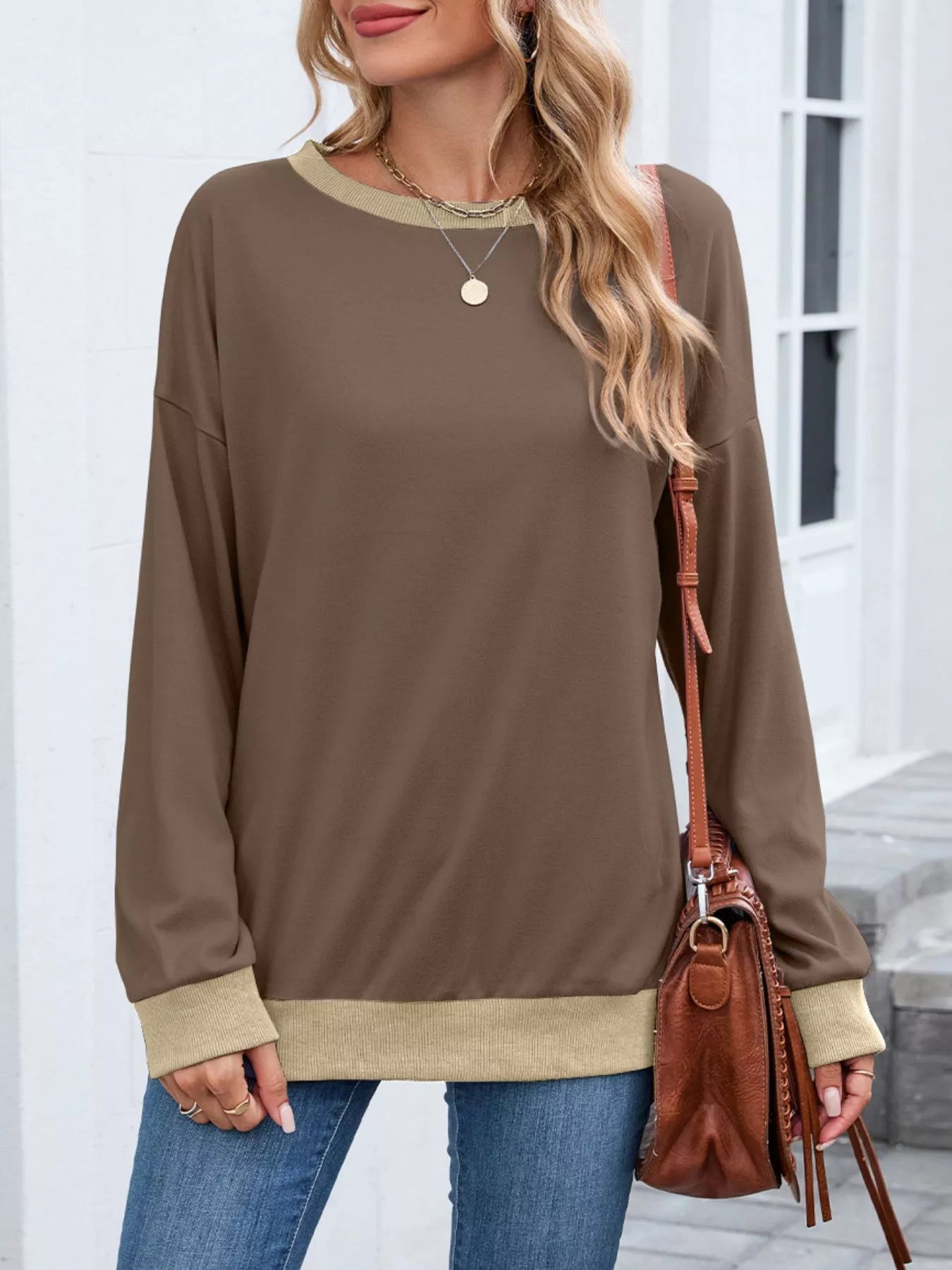 Contrast Trim Long Sleeve Sweatshirt  Shop One Place