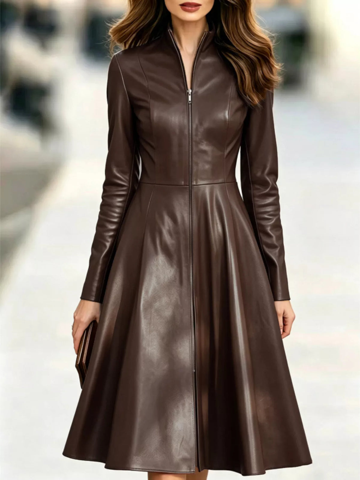 Women's Faux Leather Zip-Front A-Line Midi Dress – view 4