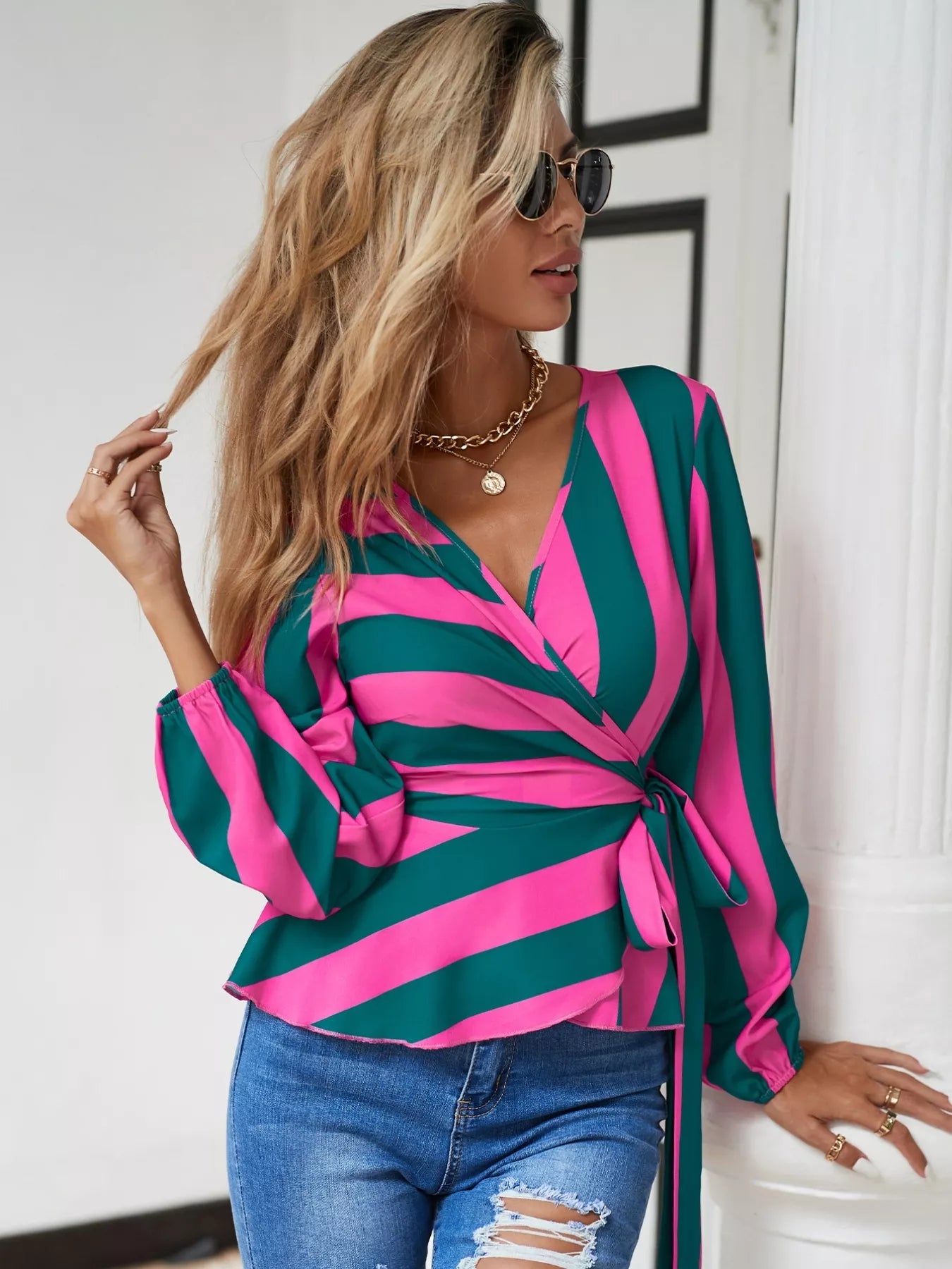 Striped Wrap Blouse with Tie Detail  Shop One Place