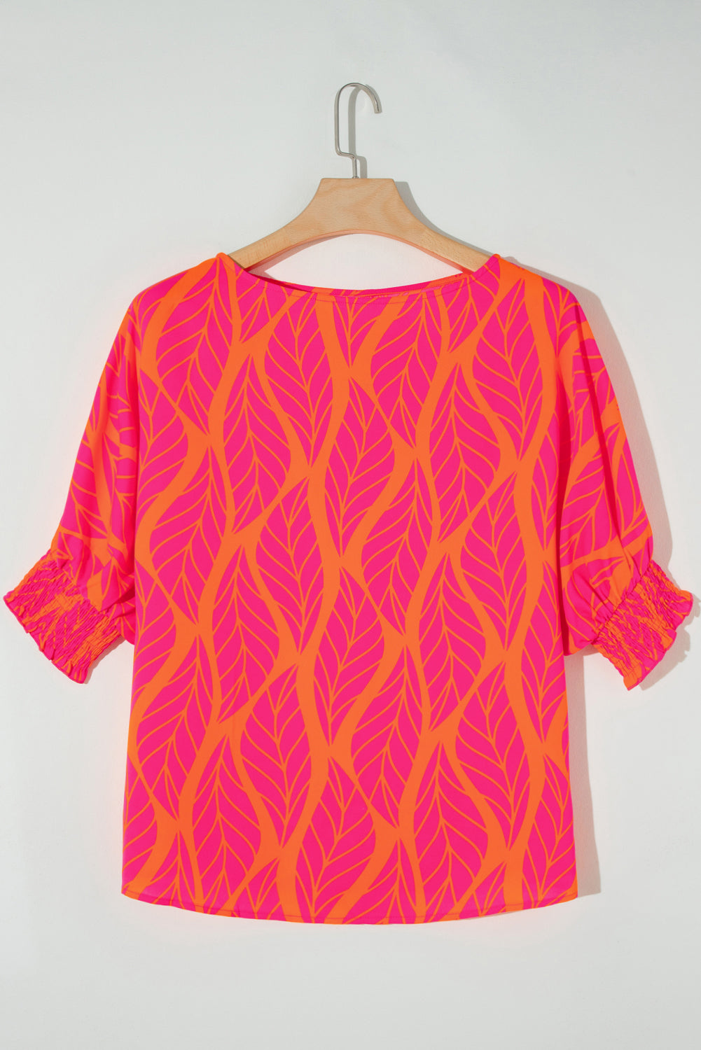 Rose Tropical Leaf Print Smocked Plus Size Dolman Top