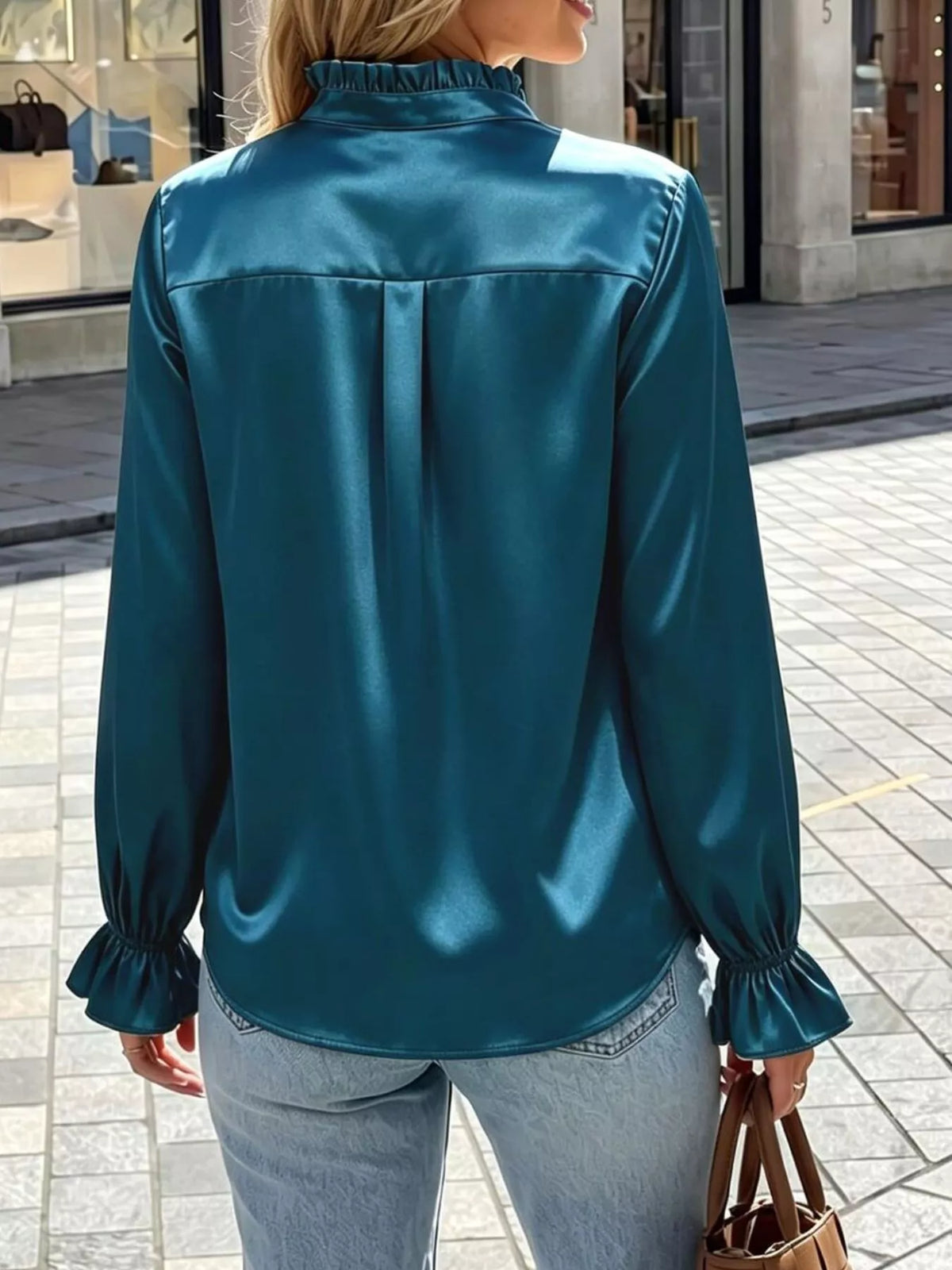 Women's Ruffle Trim Satin Button-Down Shirt – view 14