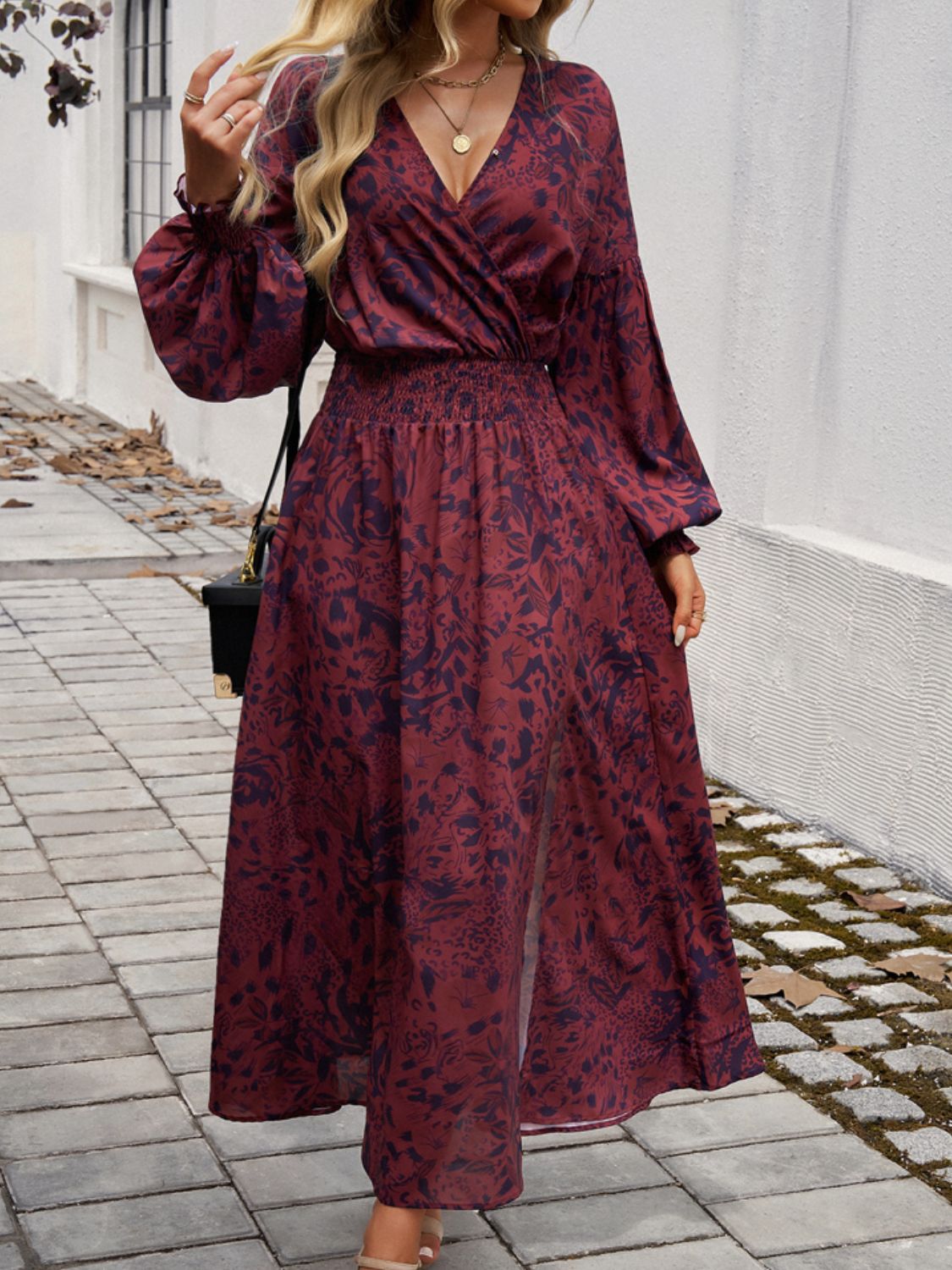 Split Printed Surplice Long Sleeve Floral Midi Dress