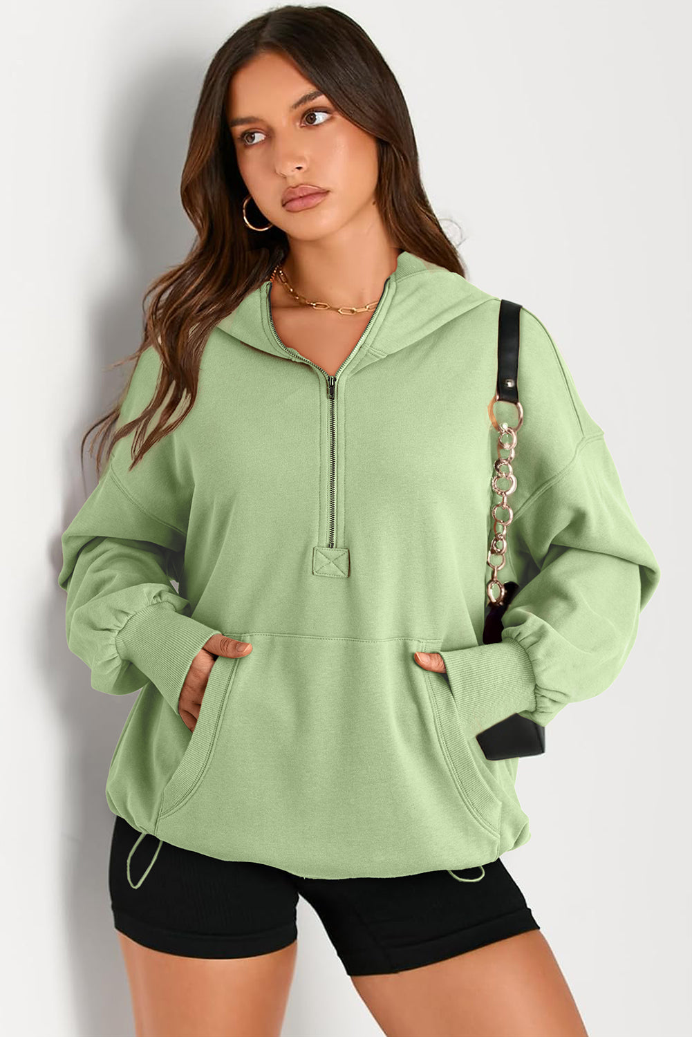 Moss Green Kangaroo Pocket Half Zipper Oversized Hoodie