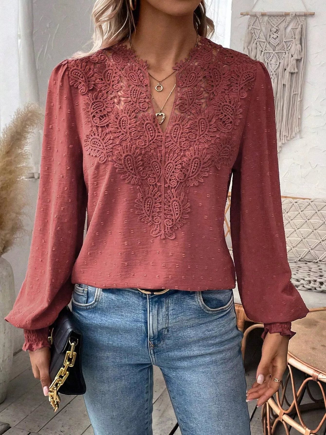 Swiss Dot Lace Detail Long Sleeve Blouse  Shop One Place