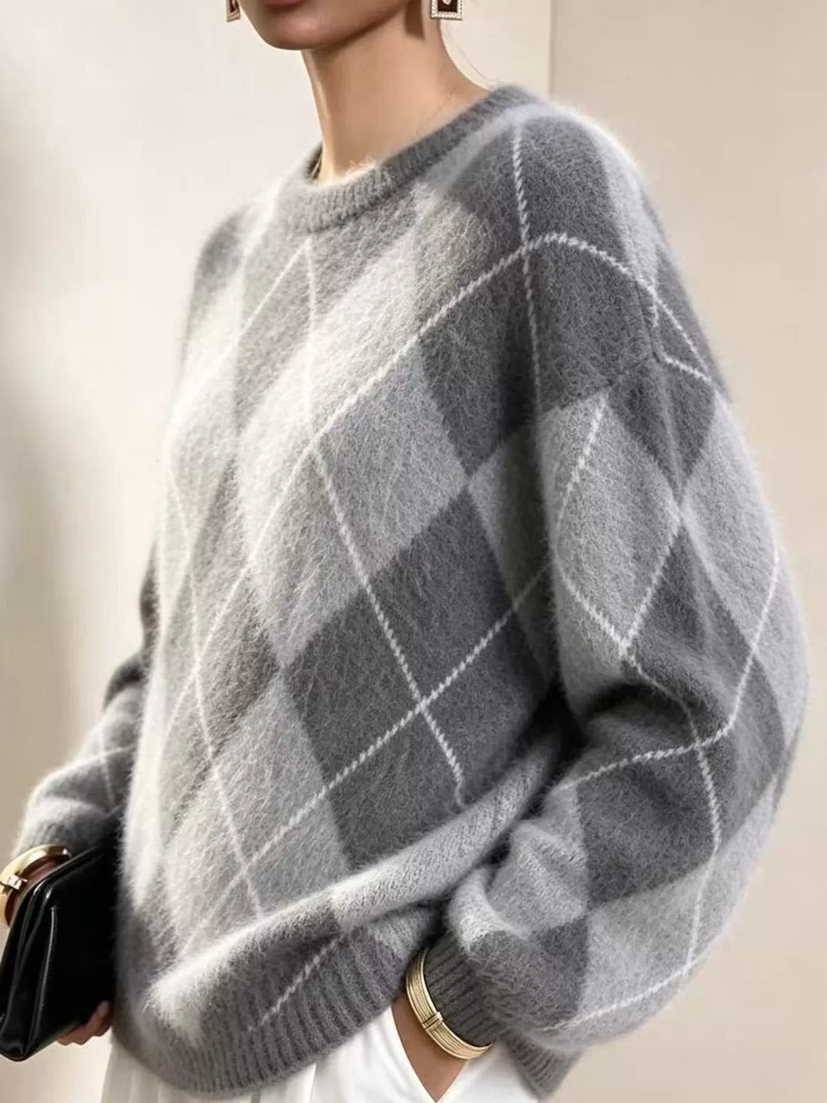 Women's Argyle Fuzzy Knit Sweater – view 21