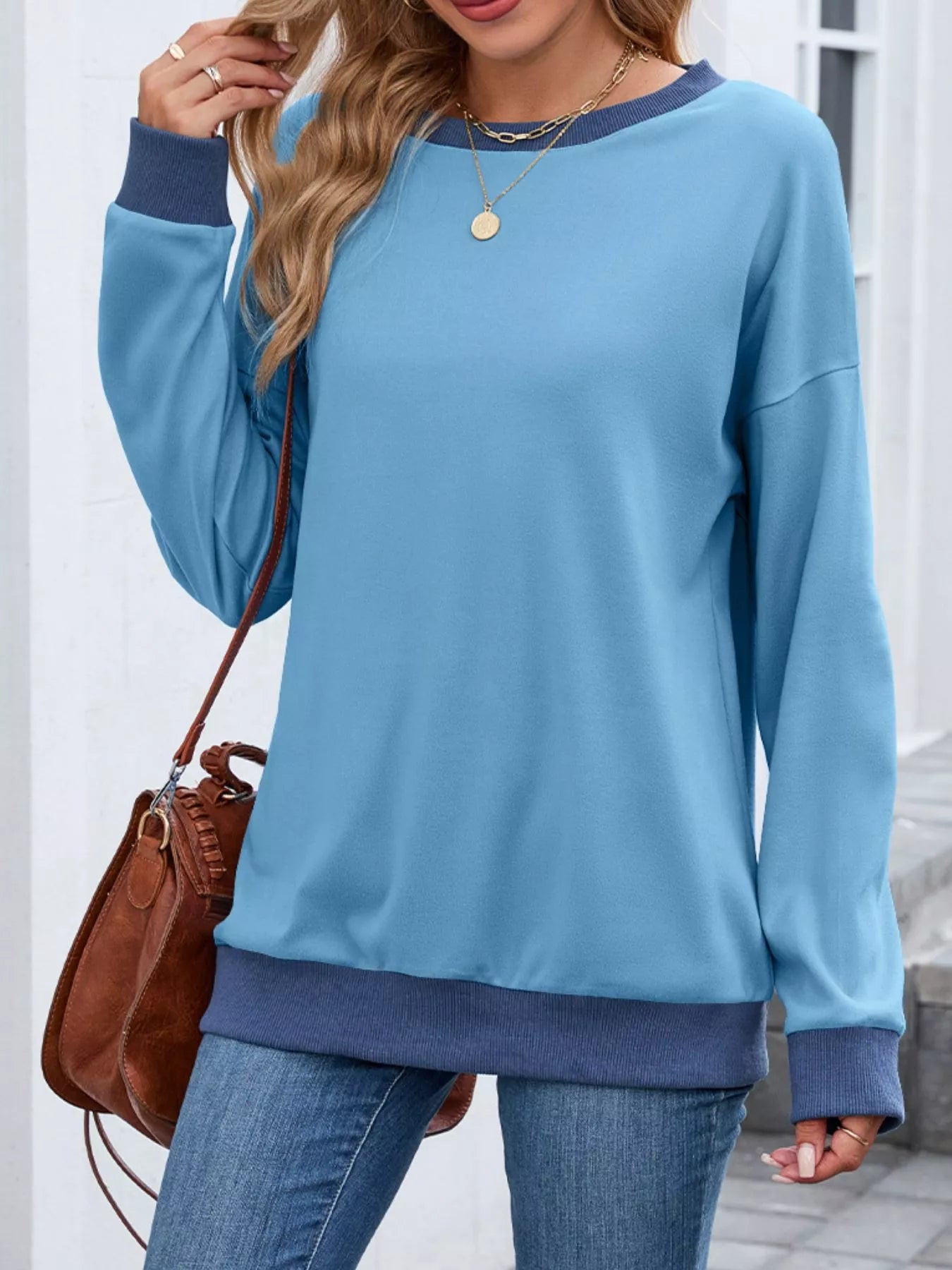 Contrast Trim Long Sleeve Sweatshirt  Shop One Place