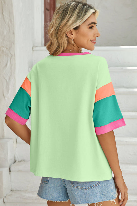 Green Color Block Sleeve Round Neck Oversize Top  Shop One Place