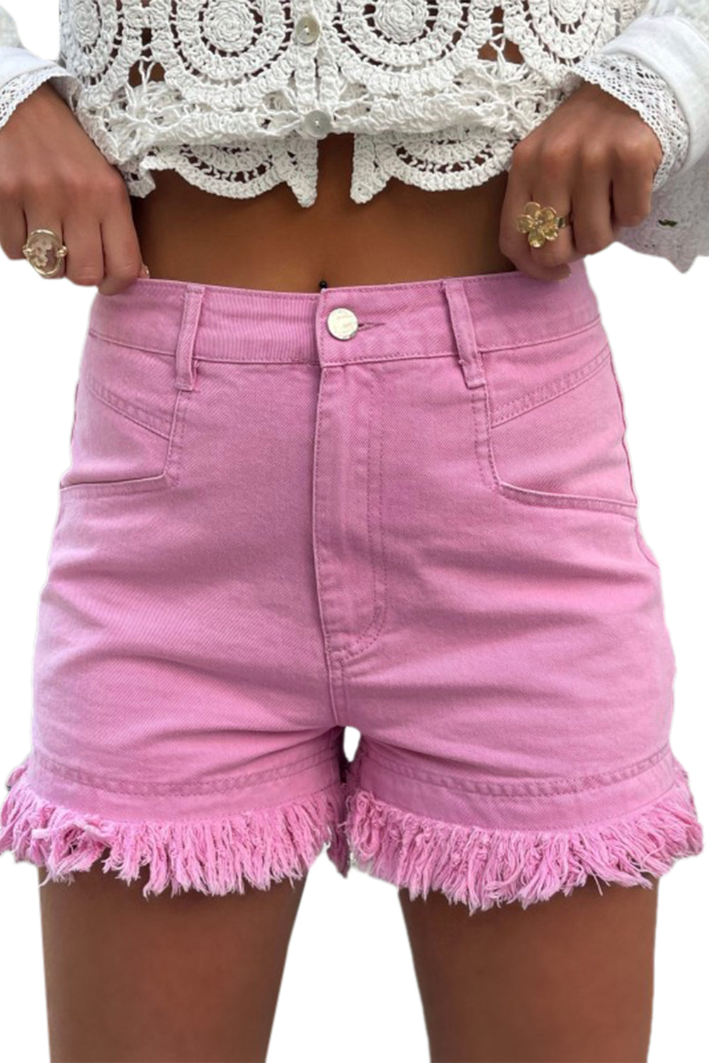 Pink Casual Raw Hem Mid Rise Denim Shorts