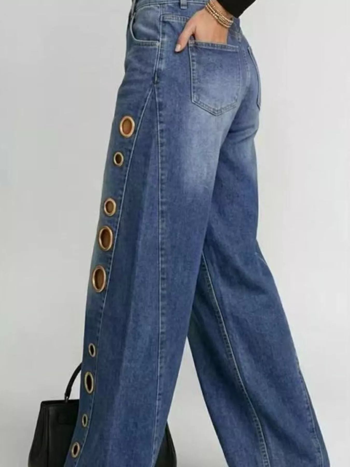 Wide Leg Jeans with Eyelet Details  Shop One Place