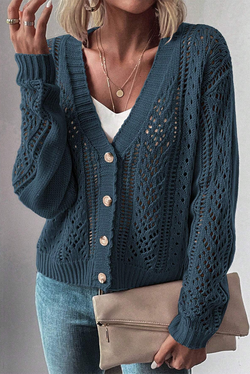 Dark Khaki Hollow Knit Drop Shoulder Cardigan  Shop One Place