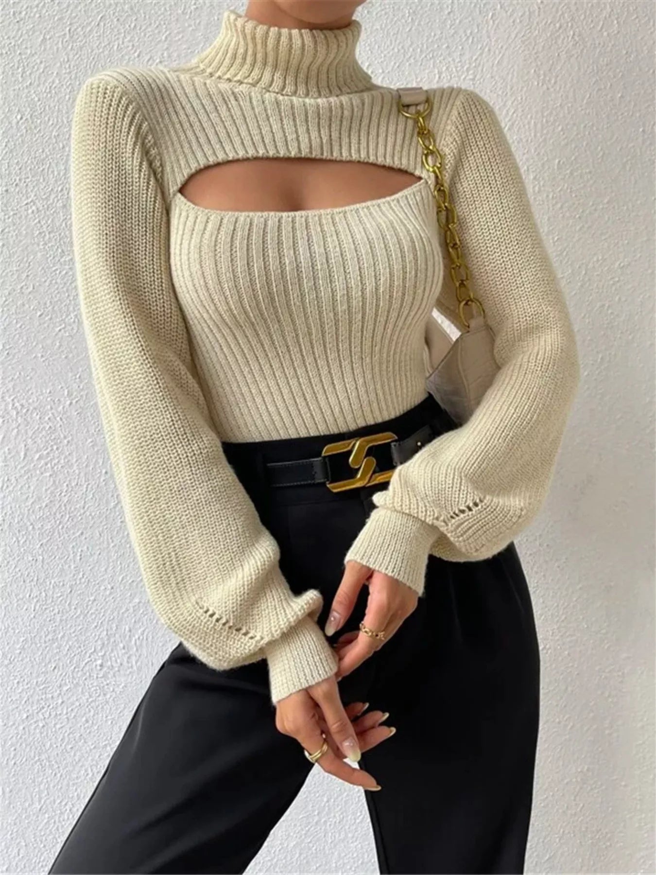 Cutout Front Turtleneck Long Sleeve Sweater  Shop One Place