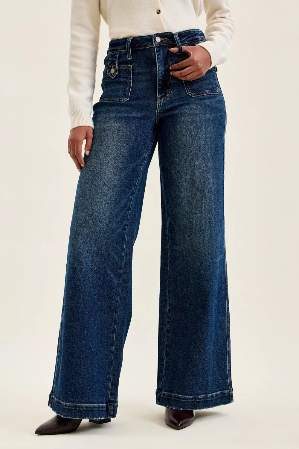 Judy Blue High Waist "lux" Retro Wide Jeans with Front Patch Tab Closure Dk Fade Indigo  Shop One Place