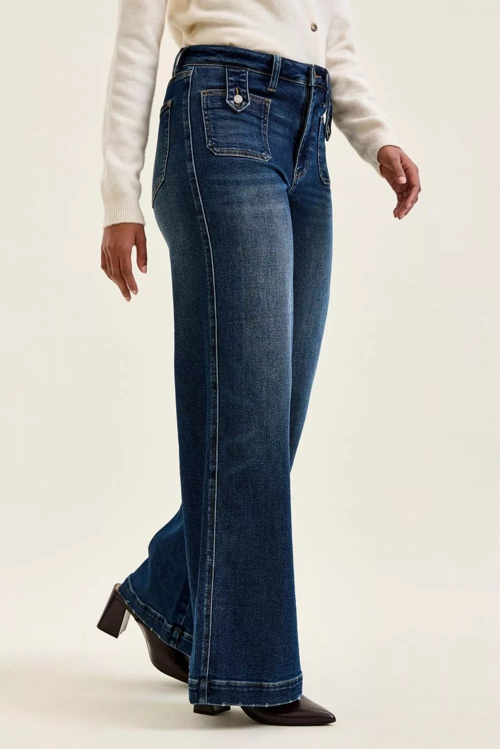 Judy Blue High Waist "lux" Retro Wide Jeans with Front Patch Tab Closure Dk Fade Indigo  Shop One Place