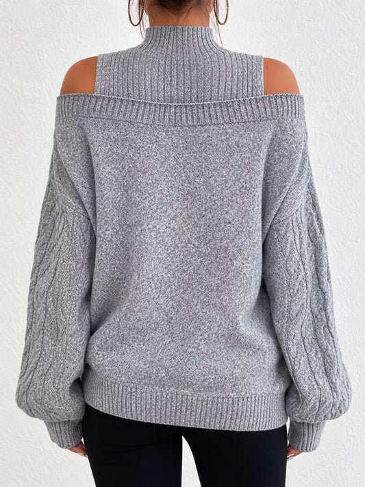 Women's Cold Shoulder Mock Neck Cable Knit Sweater – view 2