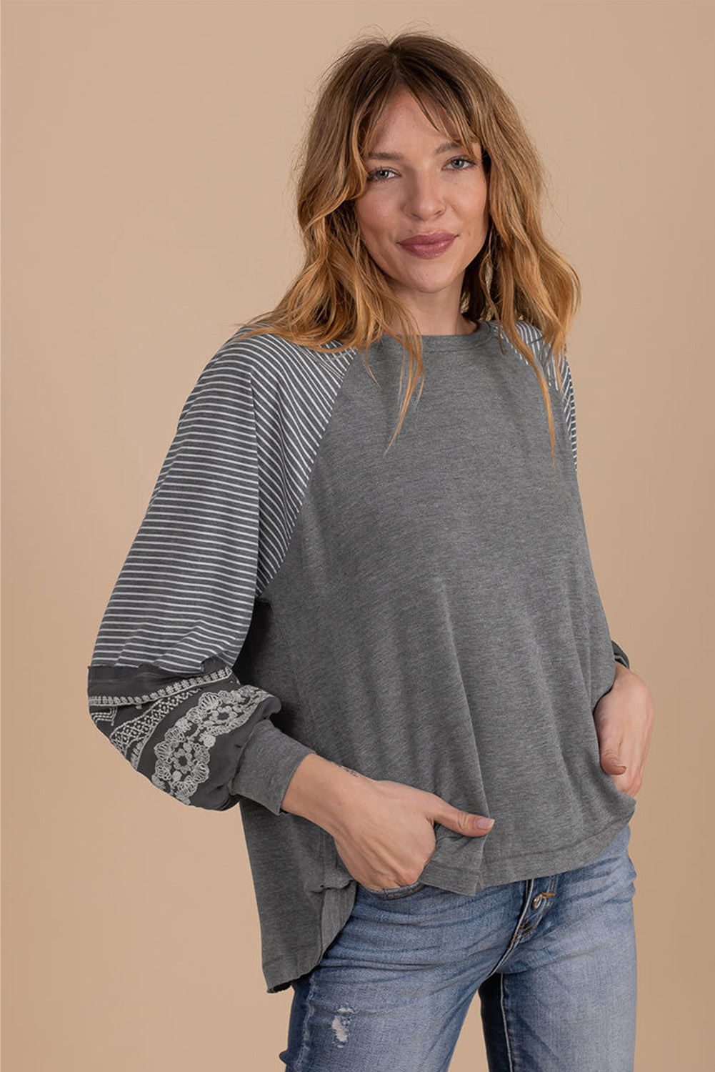 Gray Contrast Print Striped Raglan Long Sleeve Loose Top  Shop One Place