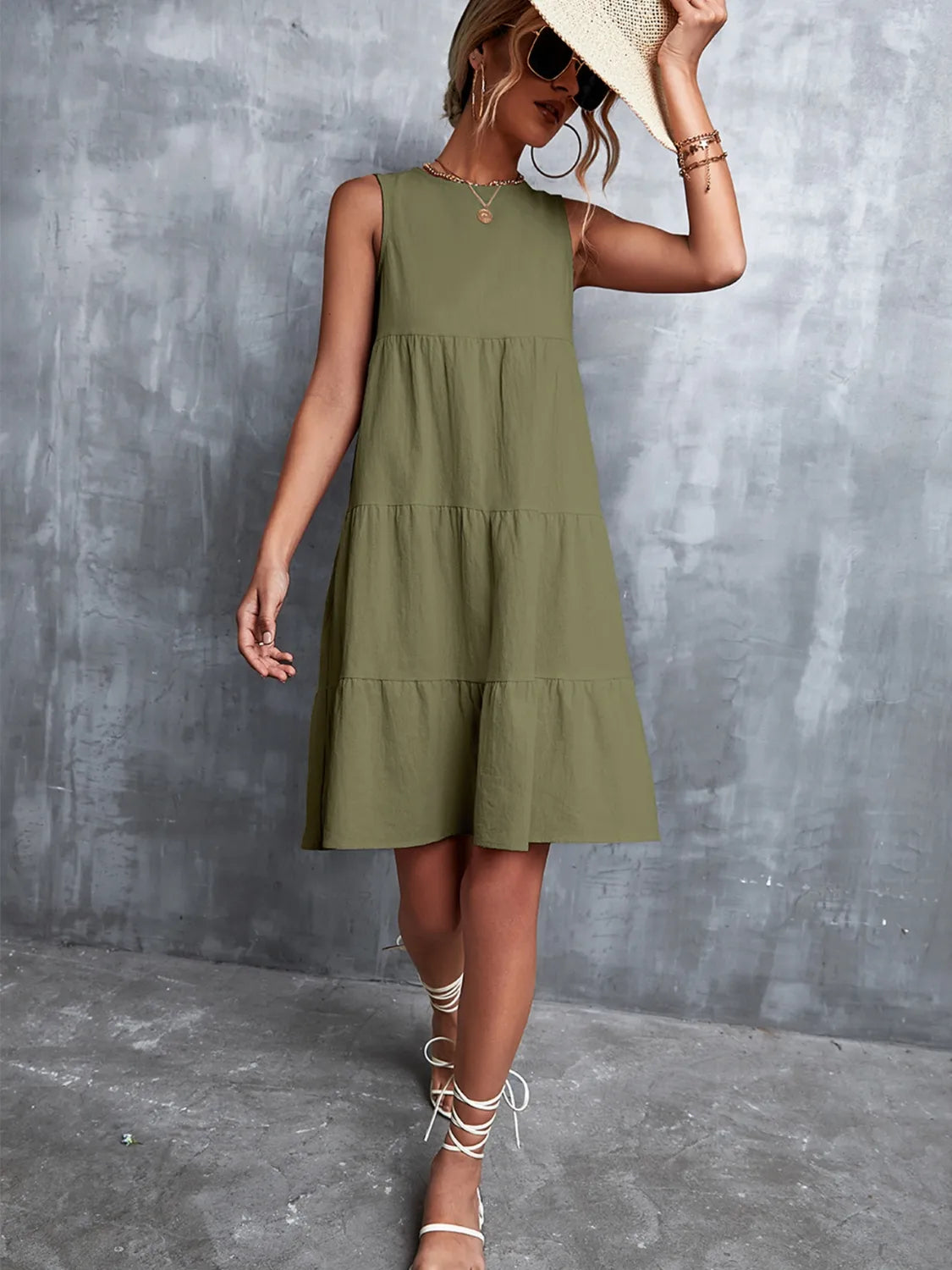 Tiered Round Neck Sleeveless Mini Tank Dress  Shop One Place