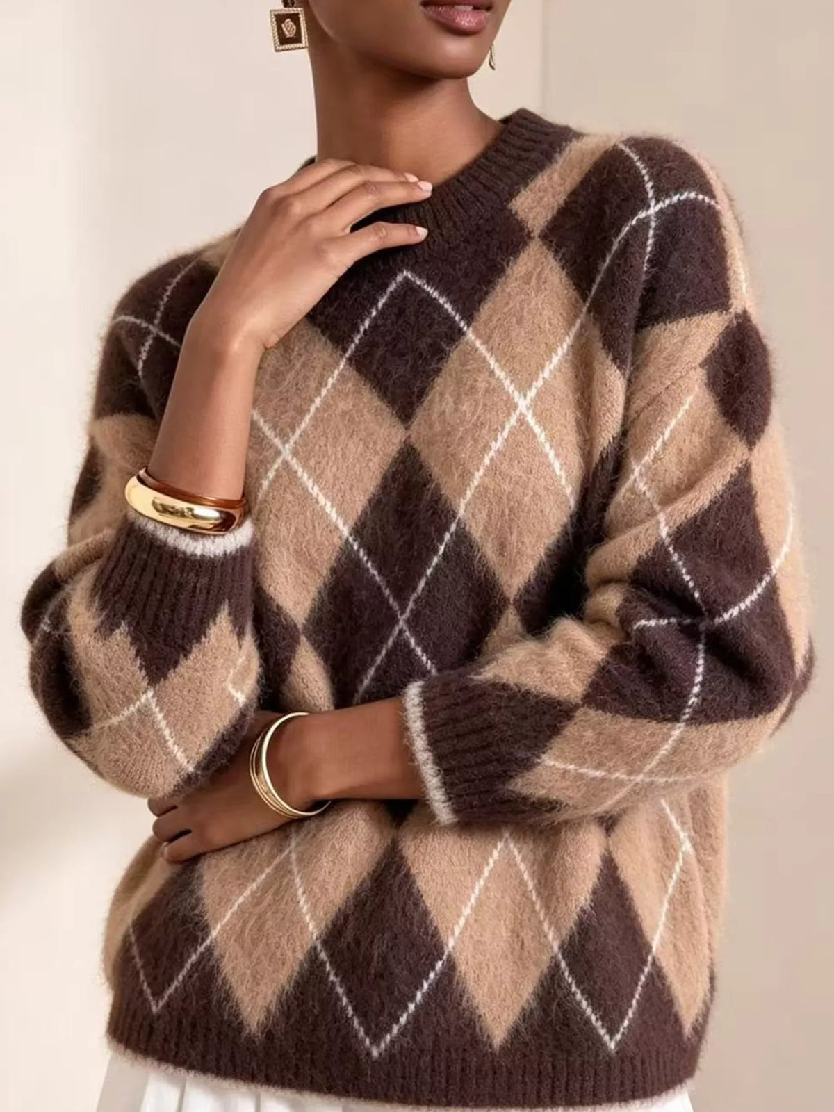 Women's Argyle Fuzzy Knit Sweater – view 6