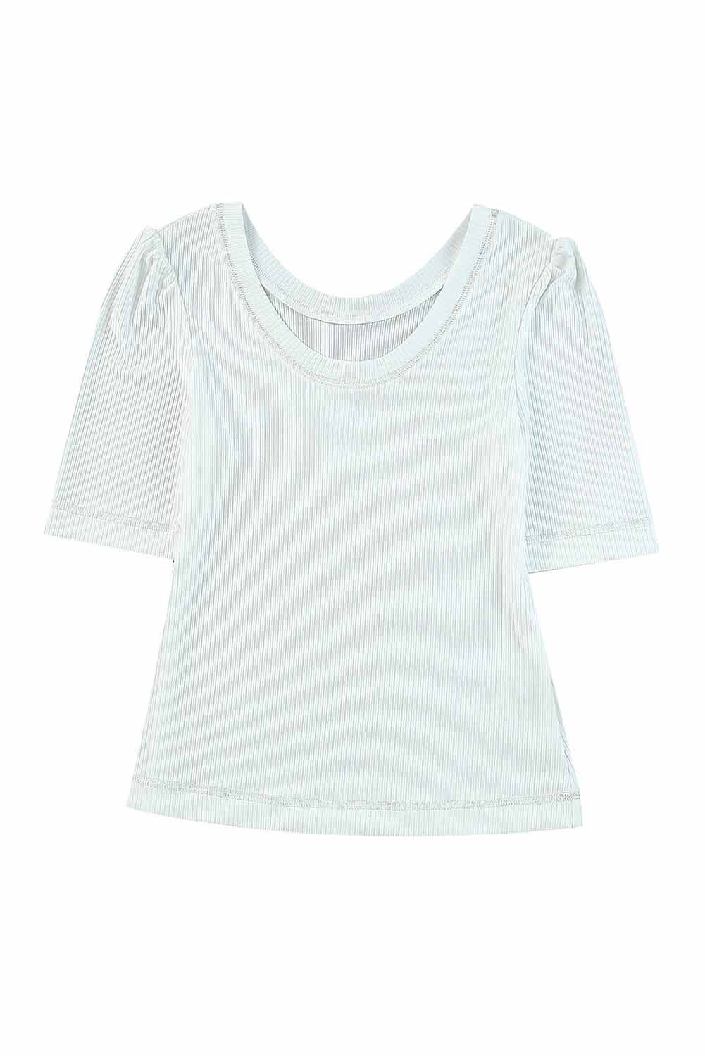 White Ribbed Knit Scoop Neck Half Sleeve Basic T Shirt