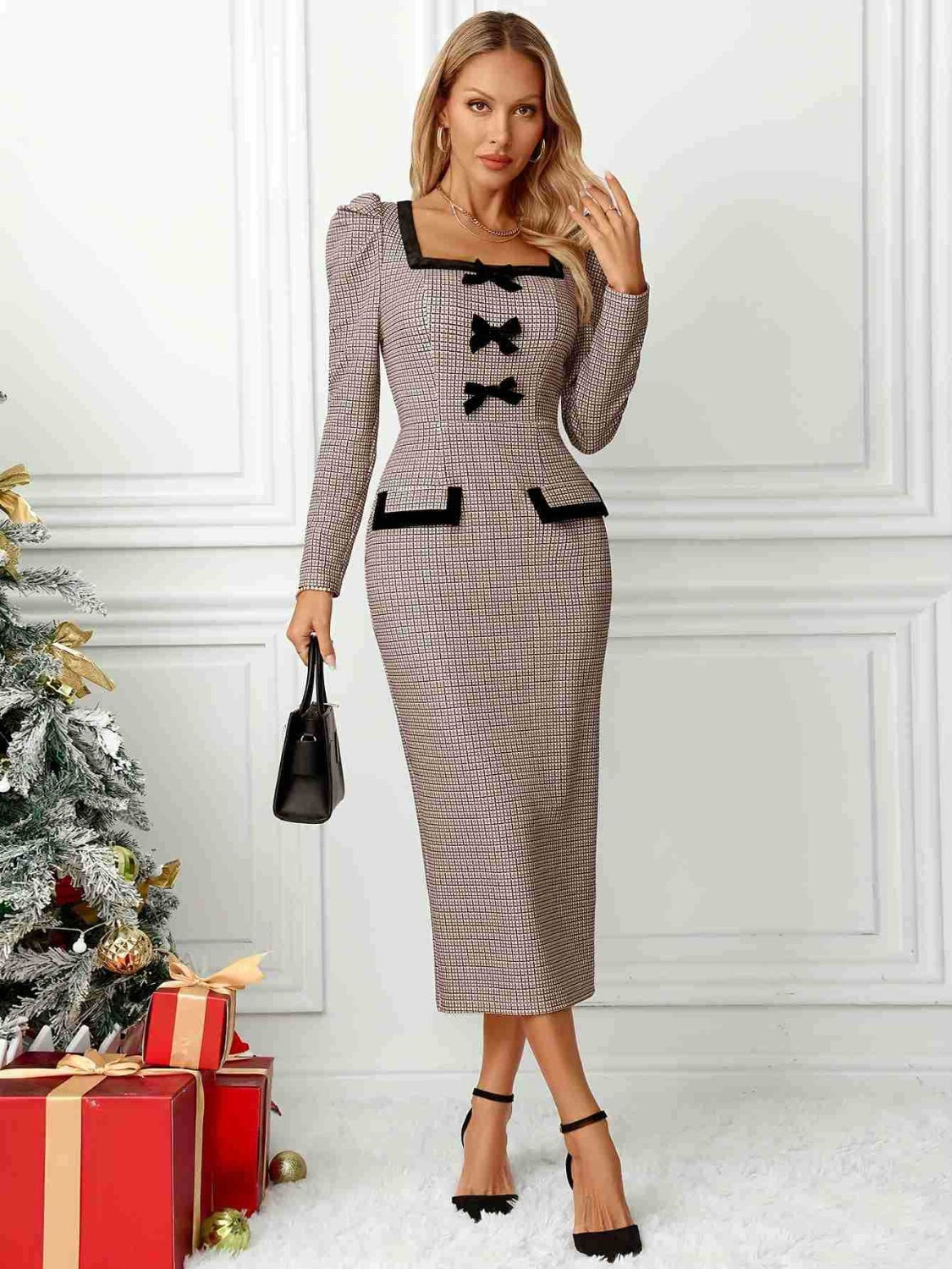 Bow Plaid Square Neck Puff Sleeve Dress  Shop One Place