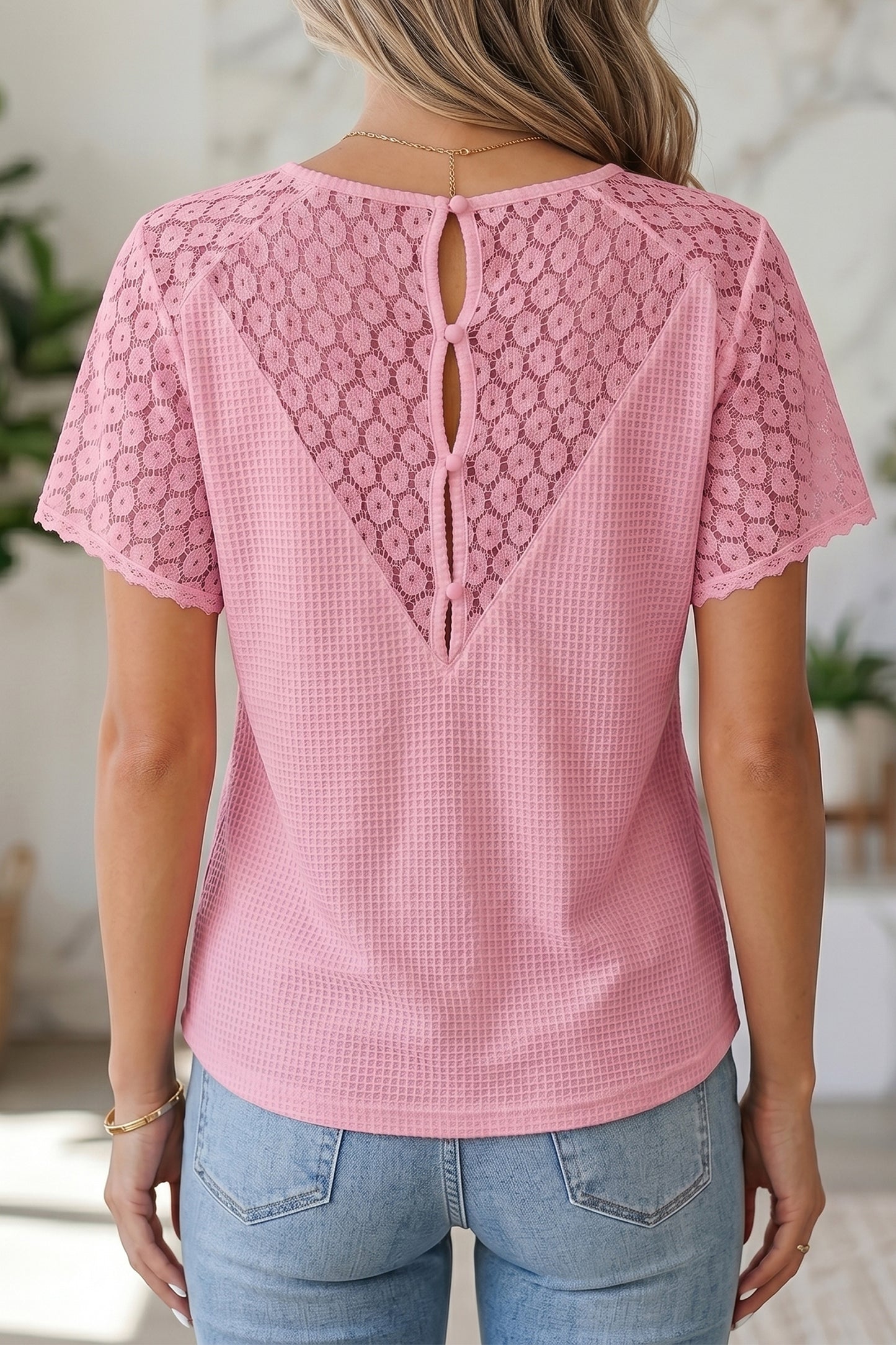Pink Lace Splicing Button Cutout V Neck Waffle Knit Blouse  Shop One Place