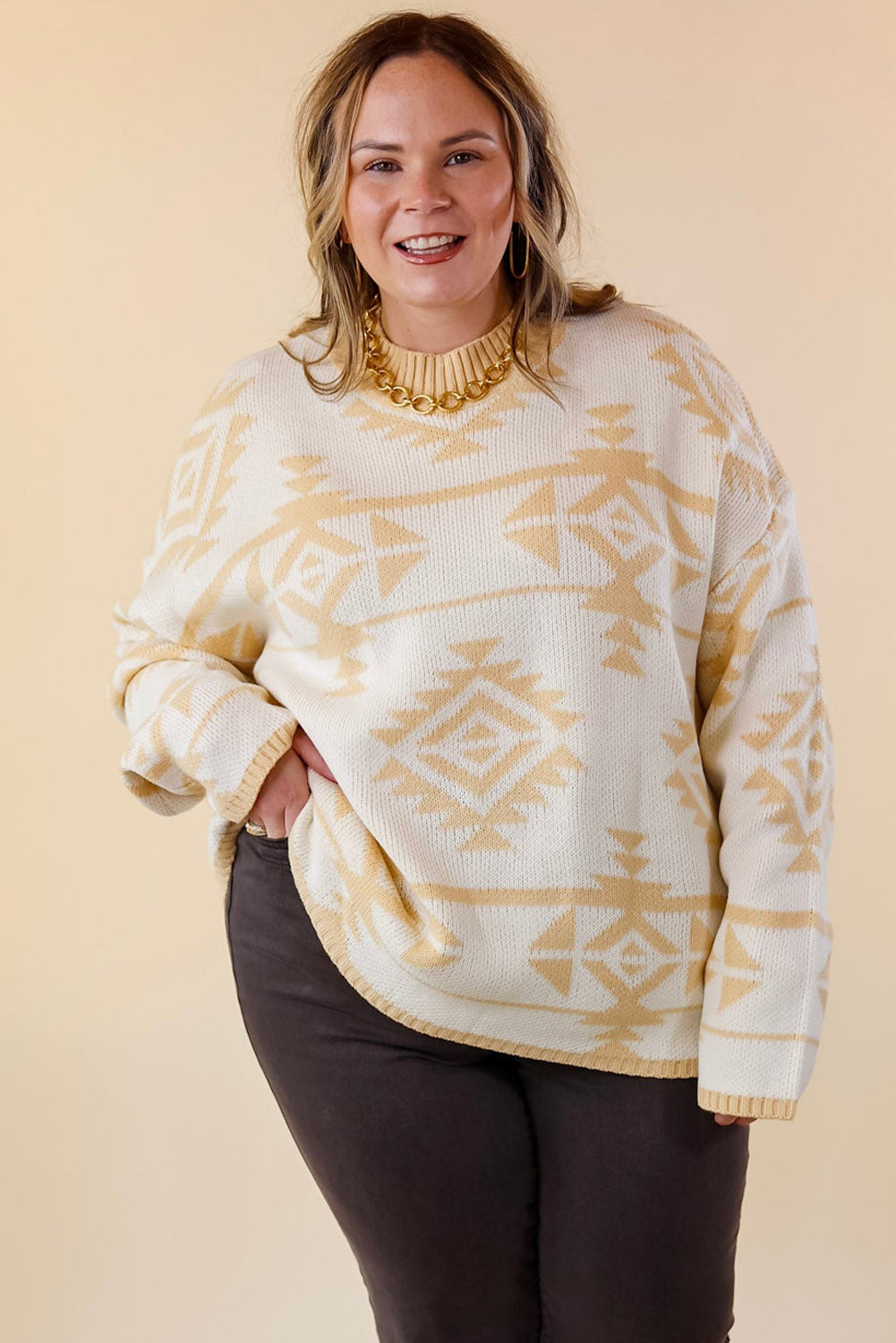 Apricot Plus Size Geometric Print Drop Sleeve Sweater