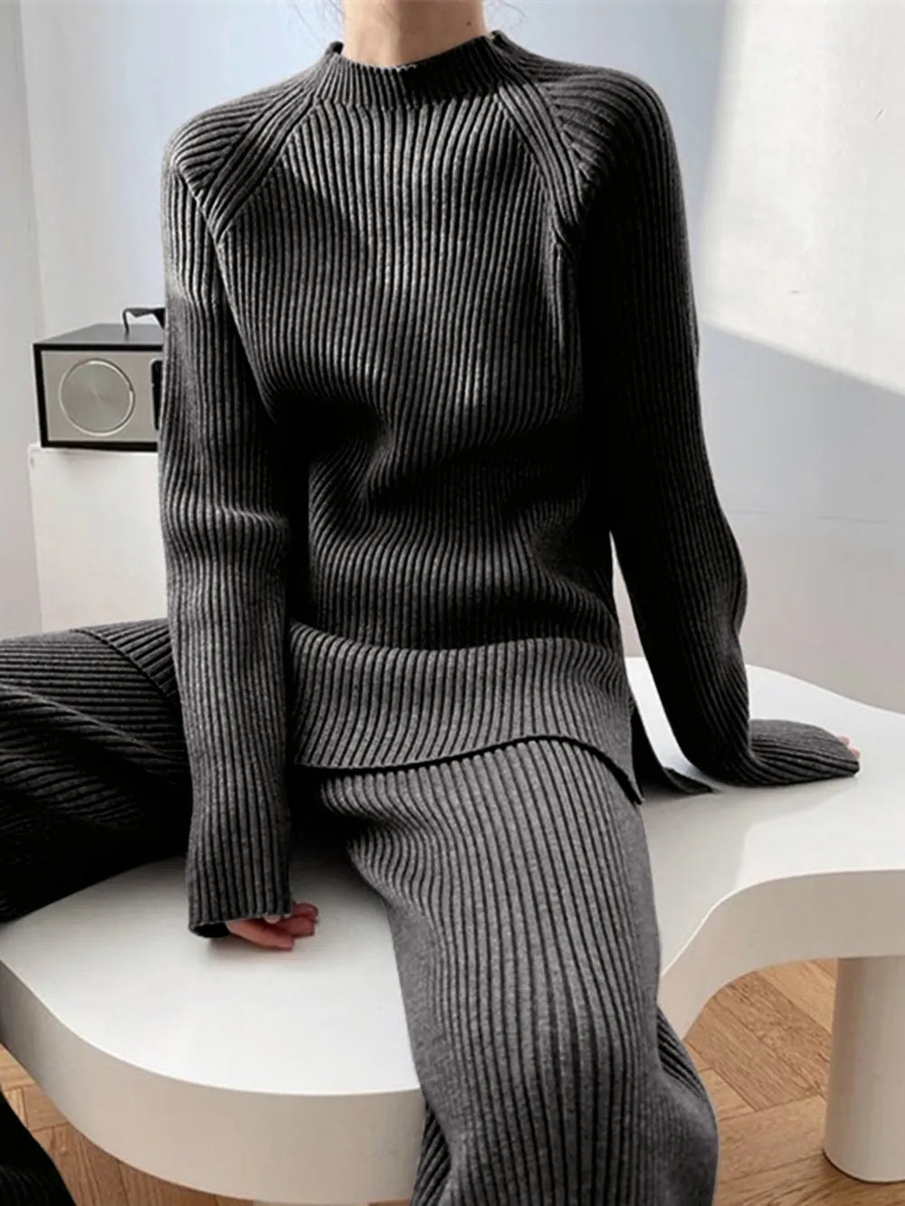 Mock Neck Raglan Sleeve Top and Pants Sweater Set  Shop One Place