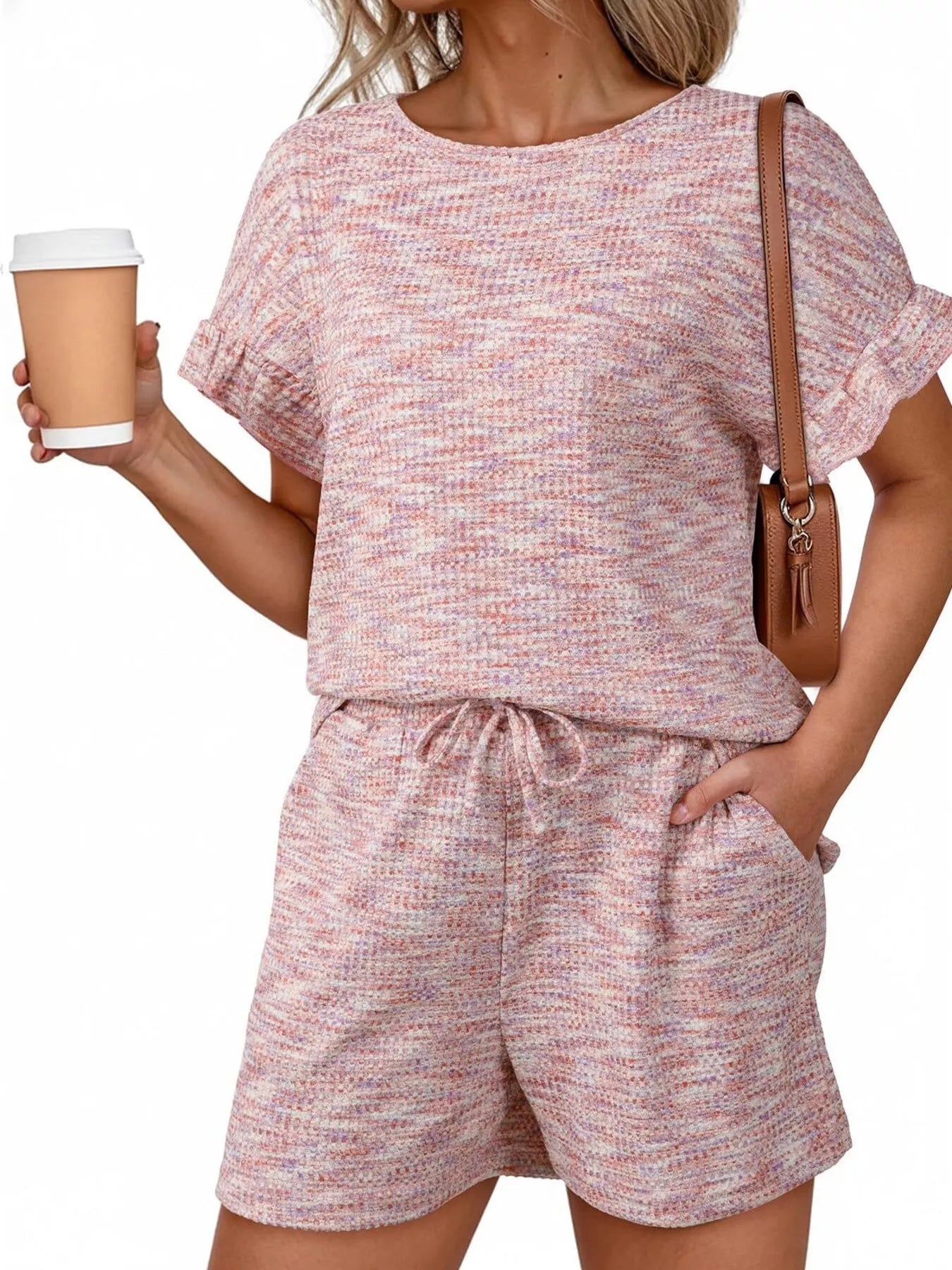 Ruffle Sleeve Textured Top and Shorts Set  Shop One Place