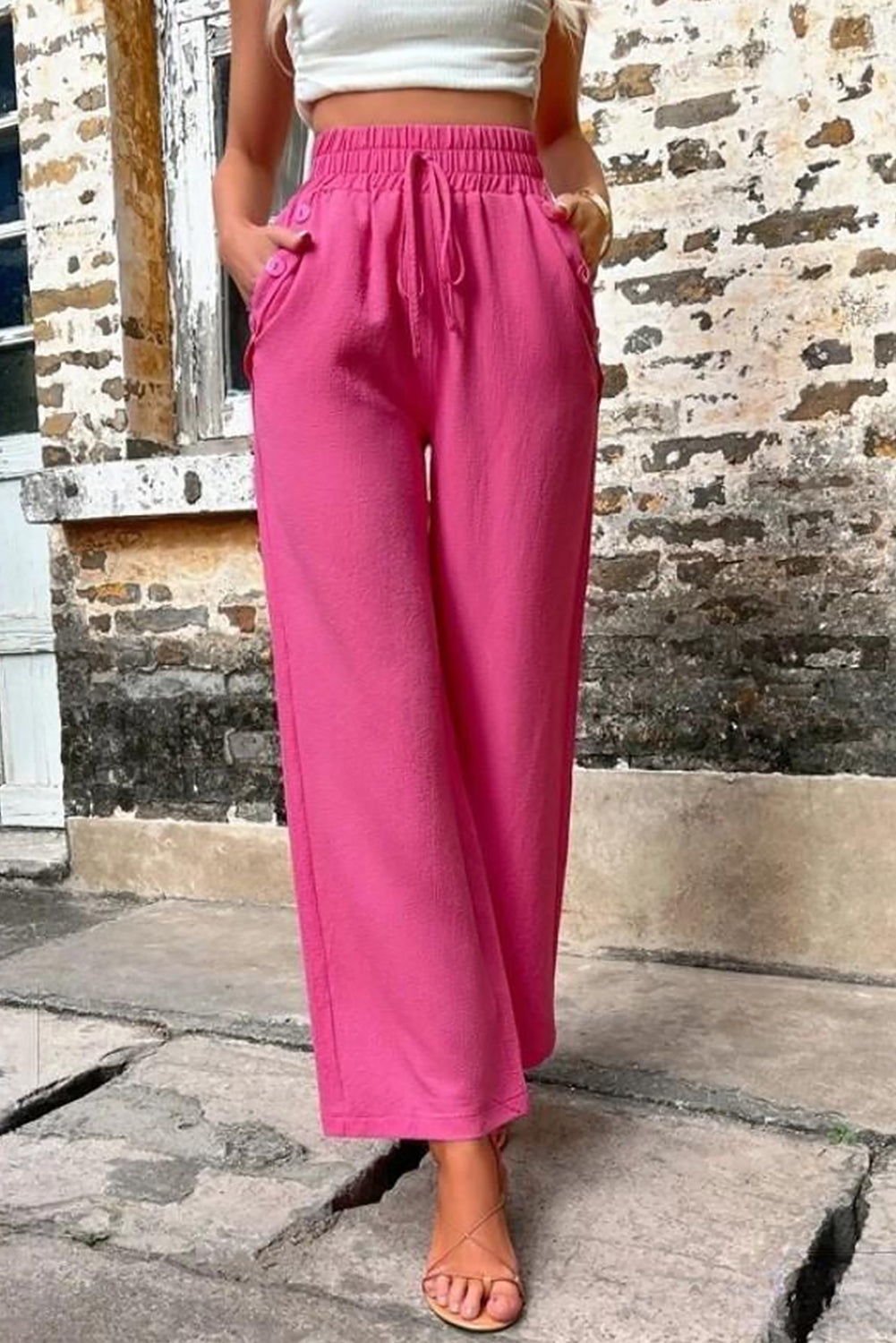 Rose Red Solid Color High Waisted Drawstring Loose Pants