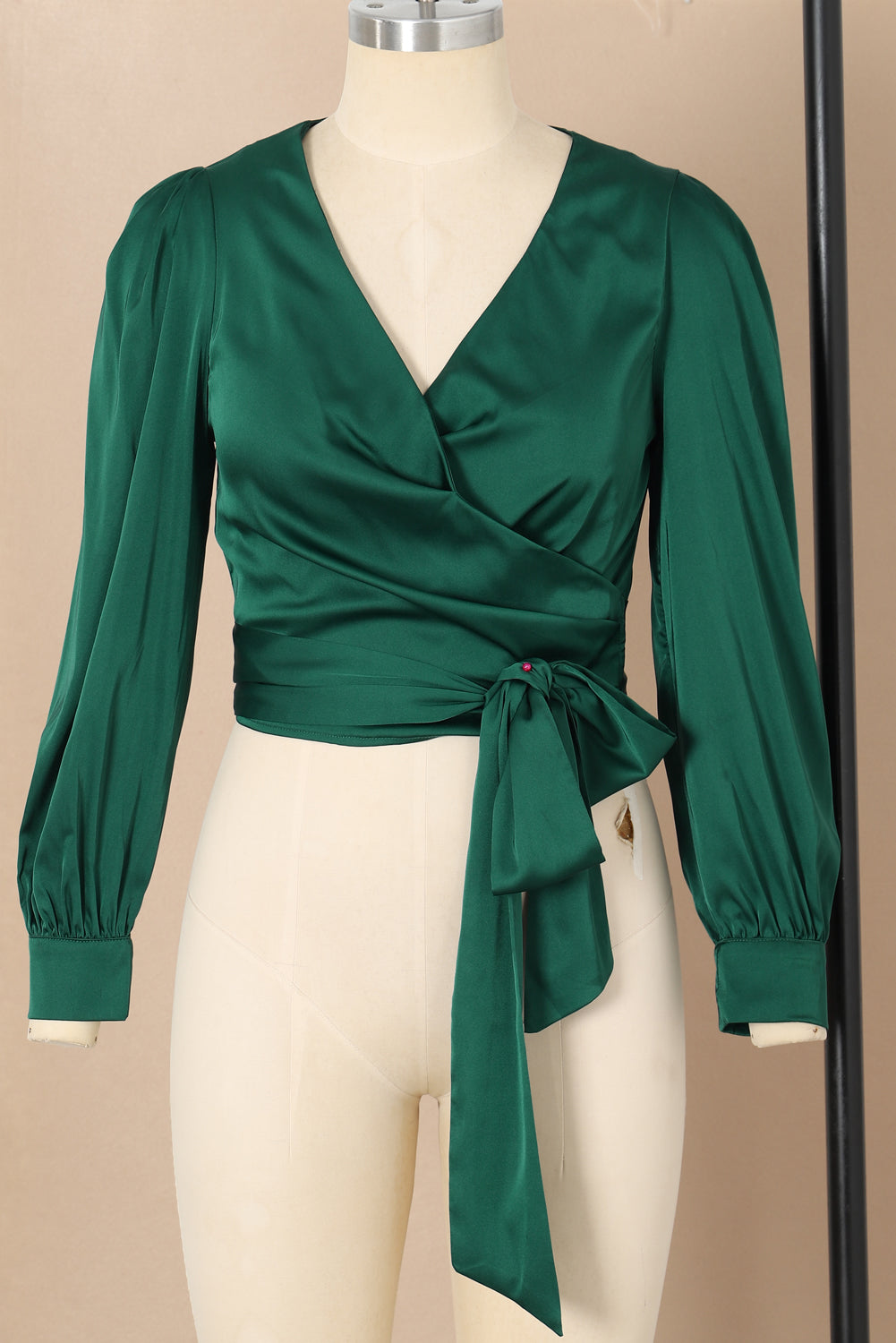 Blackish Green Satin Surplice V Neck Knot Blouse