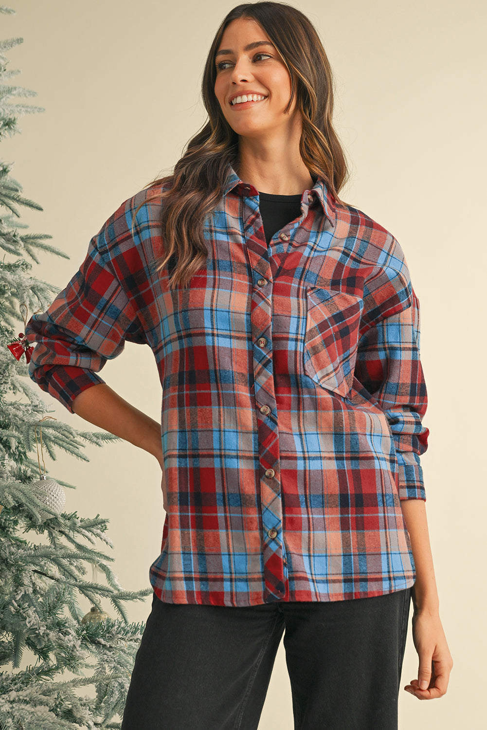 Orange Plaid Print Pocket Loose Shirt  Shop One Place