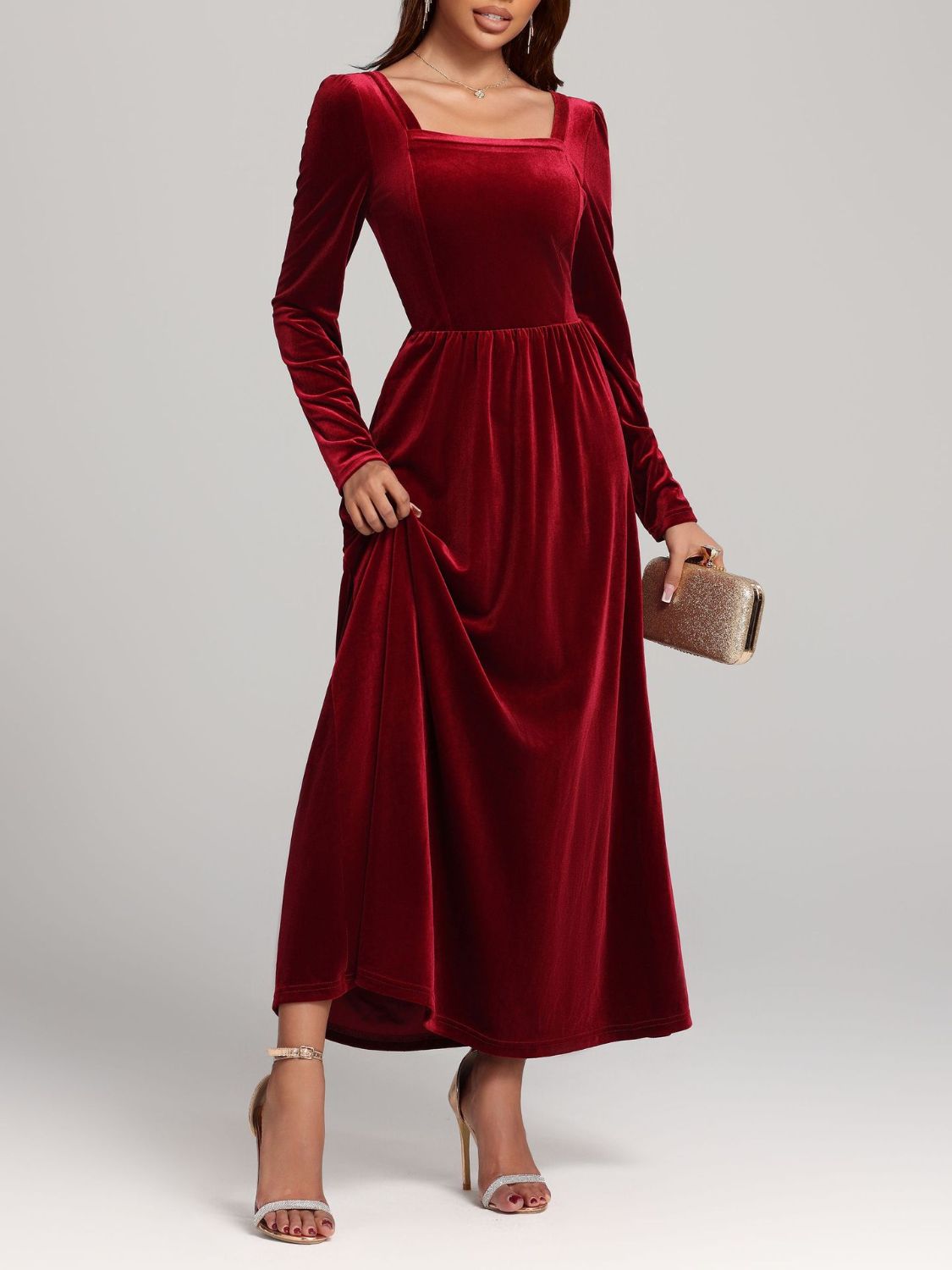 Velvet Square Neck Long Sleeve Dress  Shop One Place