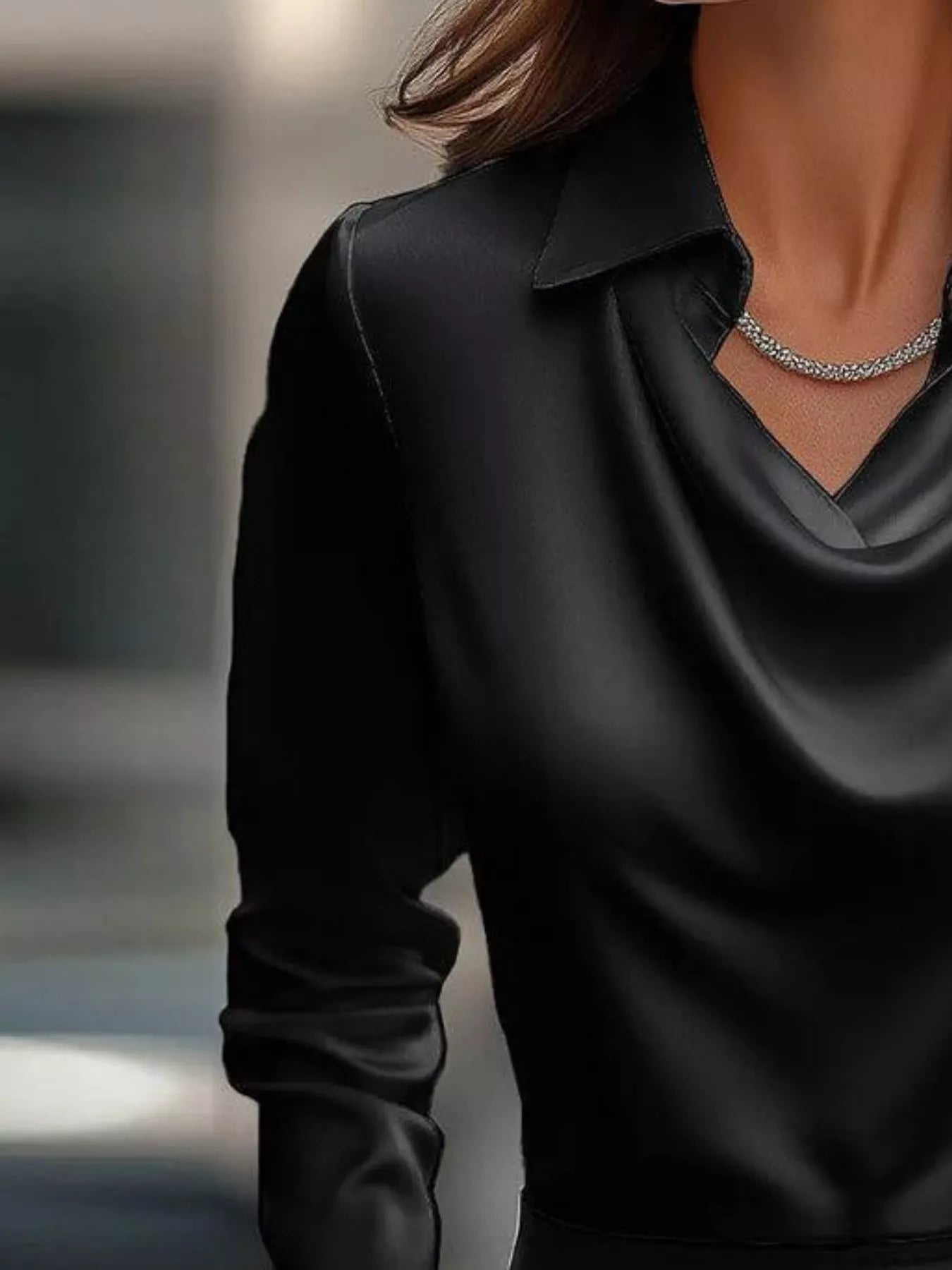 Ruched Long Sleeve Drape Collar Blouse  Shop One Place