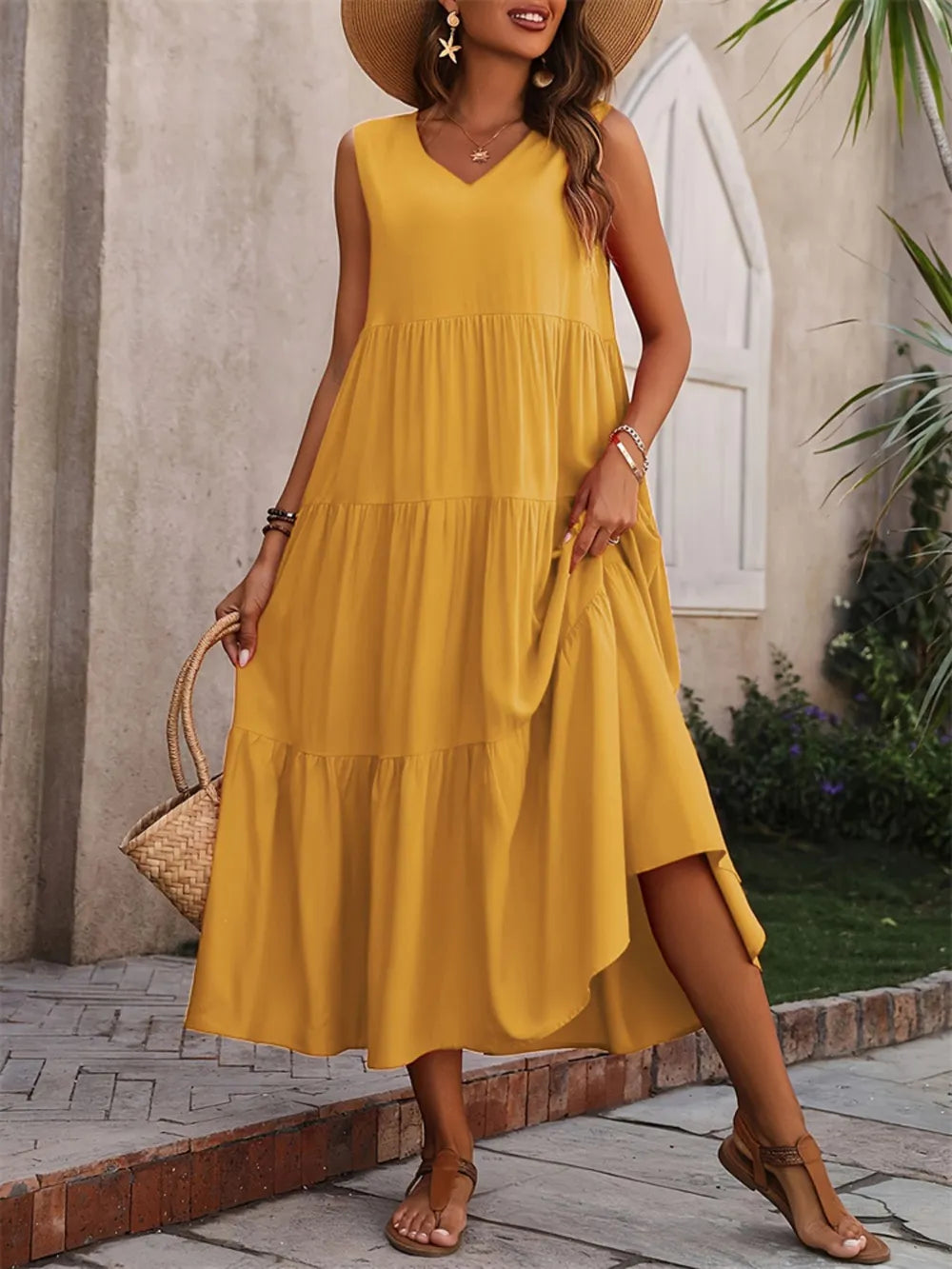 Tiered V-Neck Sleeveless Dress  Shop One Place