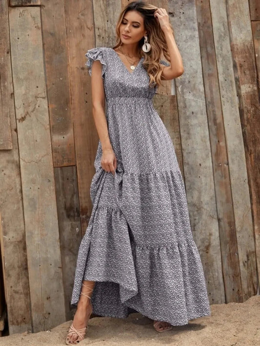Printed V-Neck Ruffled Cap Sleeve Maxi Dress  Shop One Place