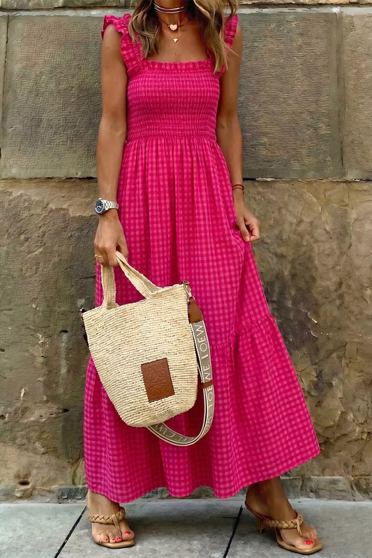 Plaid Square Neck Fit-and-flared Vacation Sundress  Shop One Place