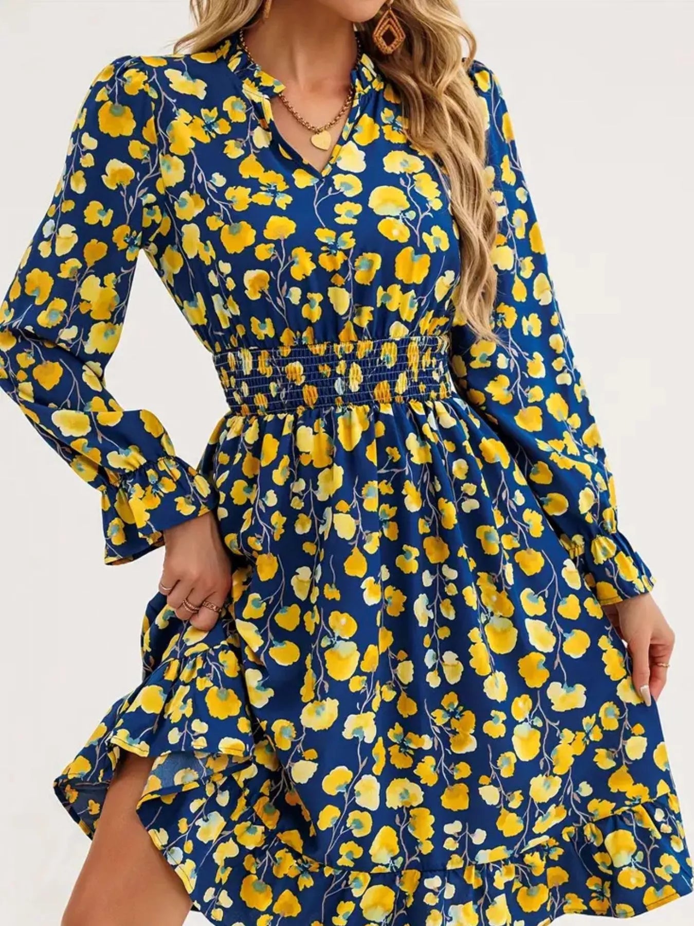 Floral Notched Flounce Sleeve Dress  Shop One Place