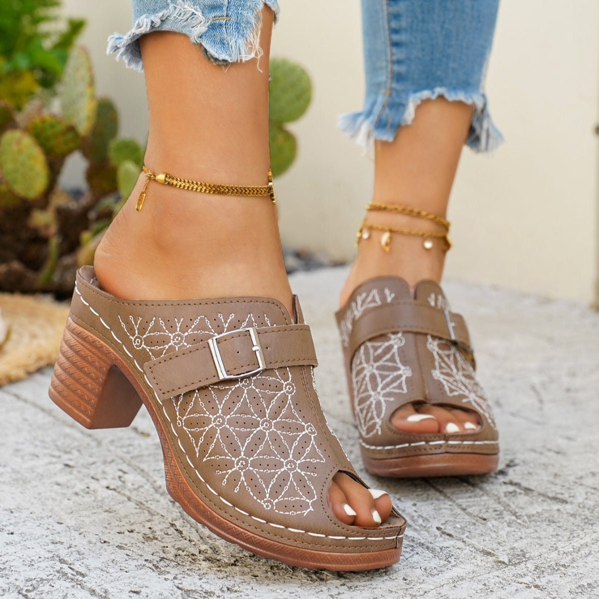 Buckle Decor Block Heel Sandals  Shop One Place