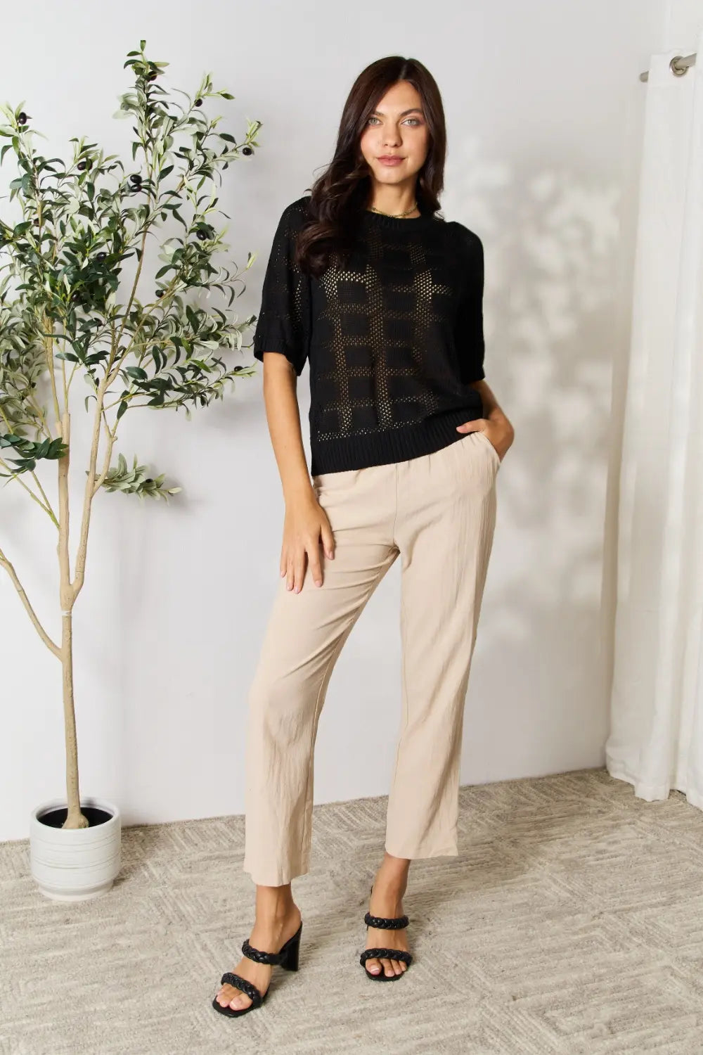 Mandy Ribbed Trim Round Neck Knit Top  Shop One Place