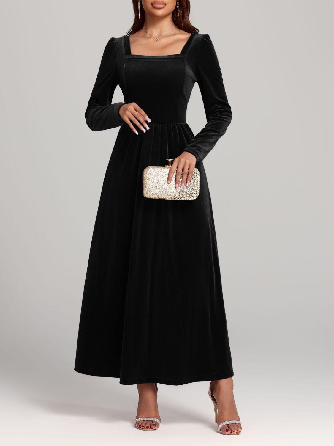 Velvet Square Neck Long Sleeve Dress  Shop One Place